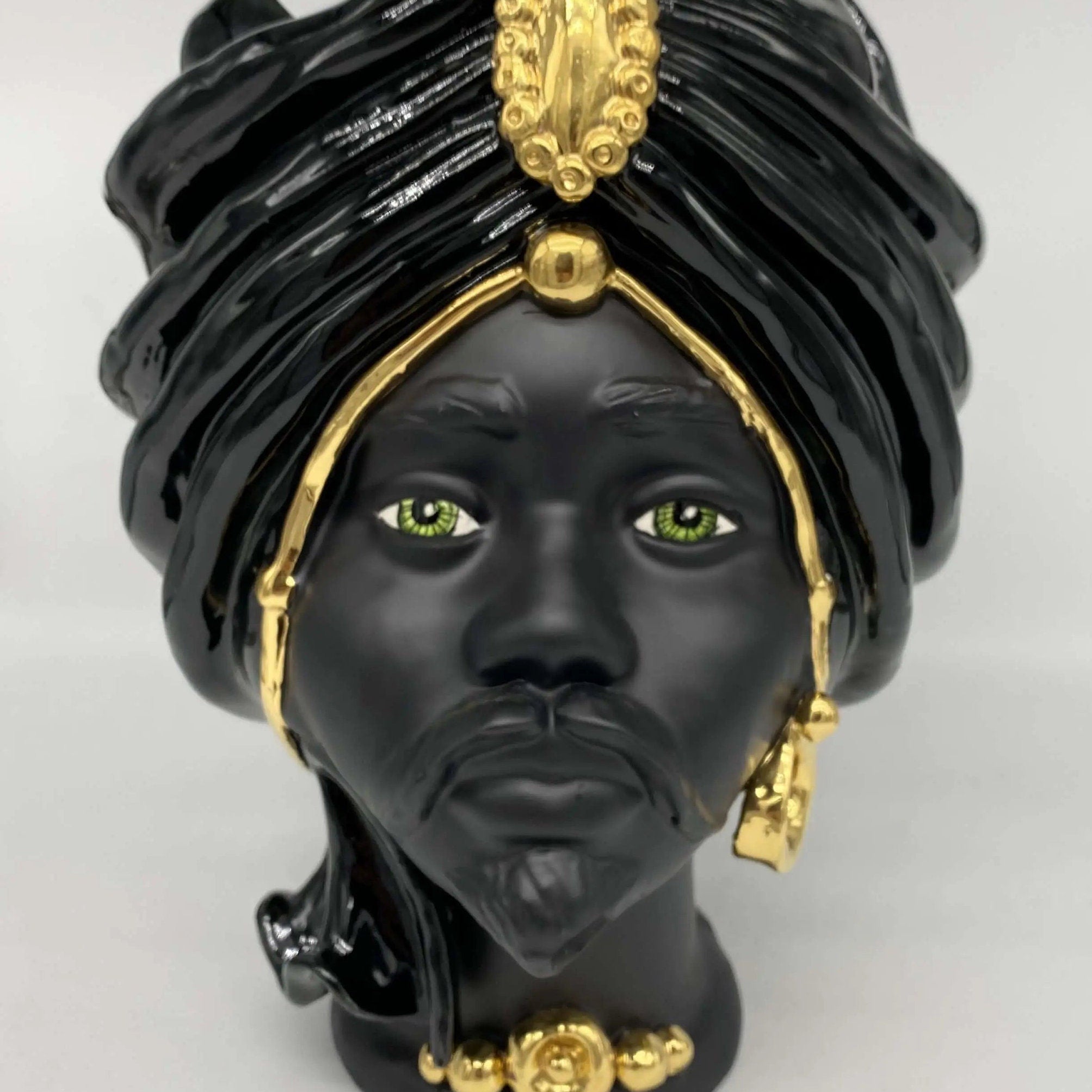 Teste di Moro Atena Ceramica Caltagirone cm H.30 L.23 Artigianale Nero Oro DD CERAMICHE SICILIANE