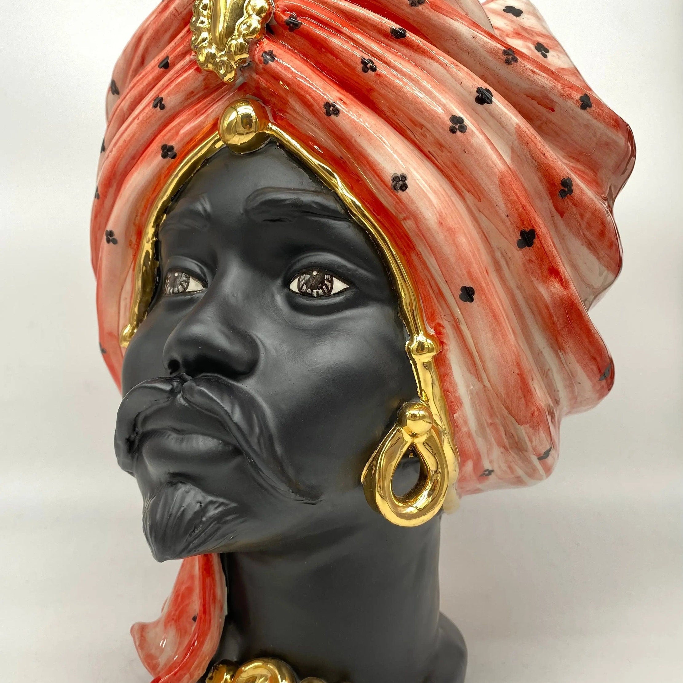 Teste di Moro Atena Ceramica Caltagirone cm H.30 L.23 Artigianale Rosso Pois Nero Oro DD CERAMICHE SICILIANE