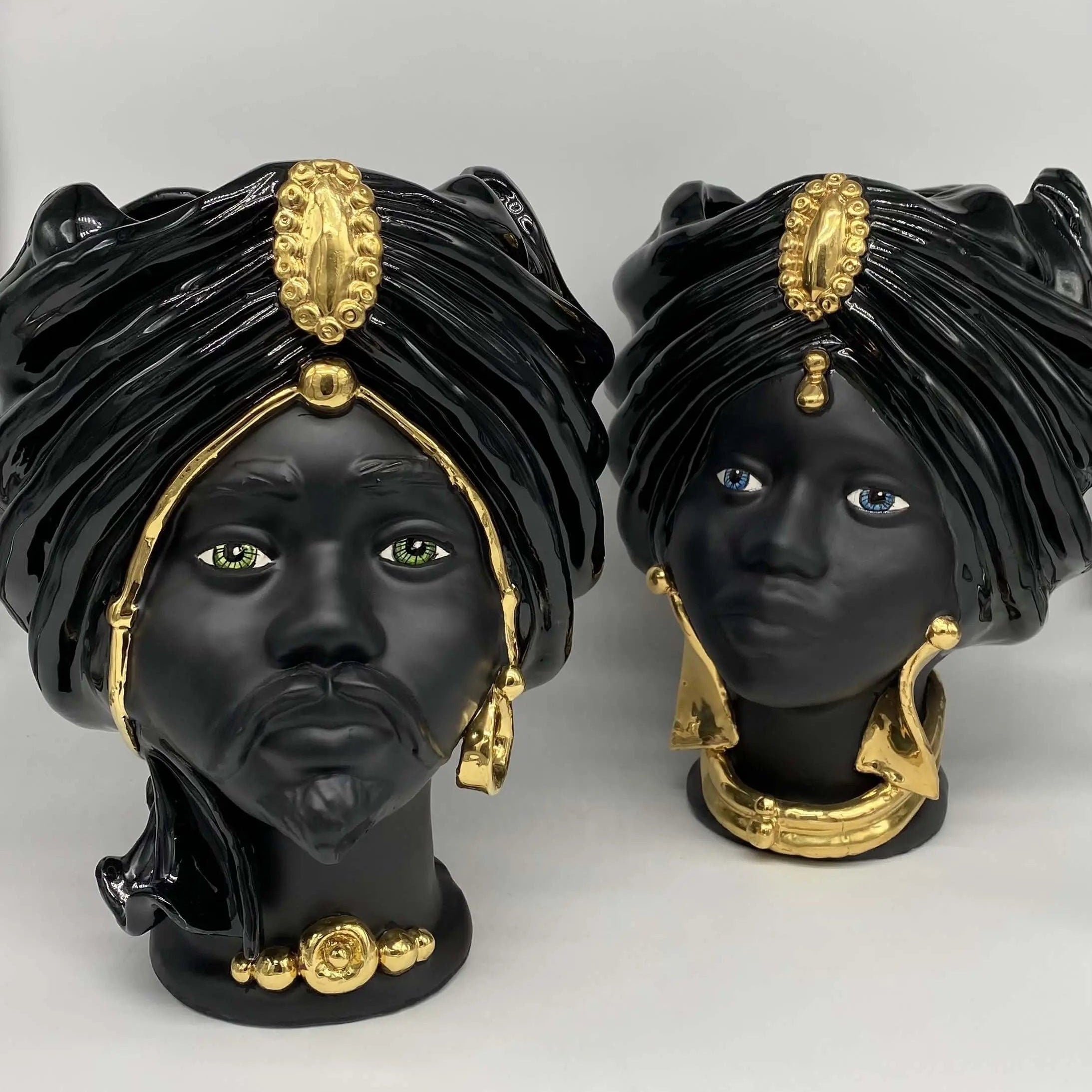Teste di Moro Atena Ceramica Caltagirone cm H.30 L.23 Artigianale Nero Oro DD CERAMICHE SICILIANE