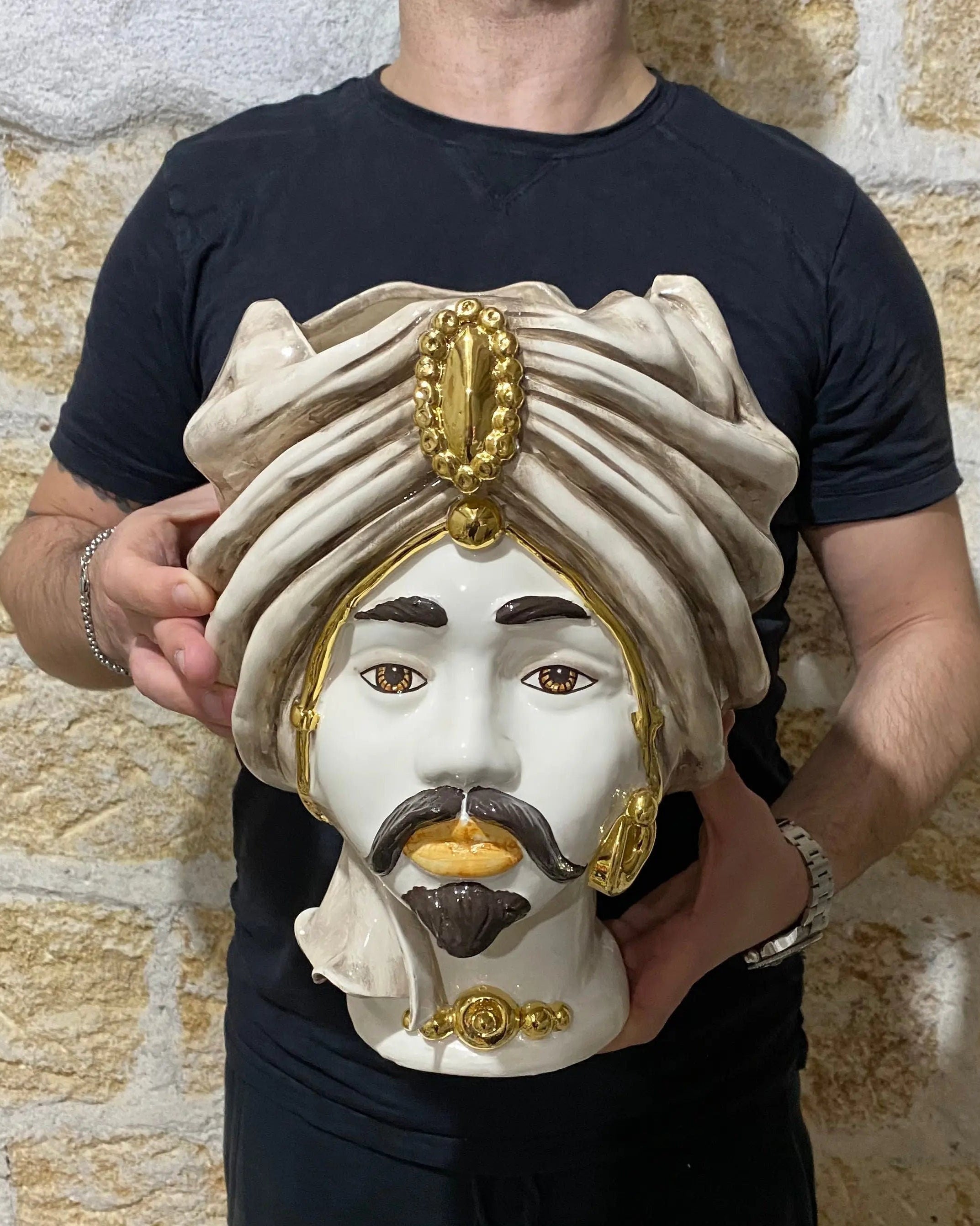 Teste di Moro Atena Ceramica Caltagirone cm H.30 L.23 Artigianale Écru Beige Oro DD CERAMICHE SICILIANE
