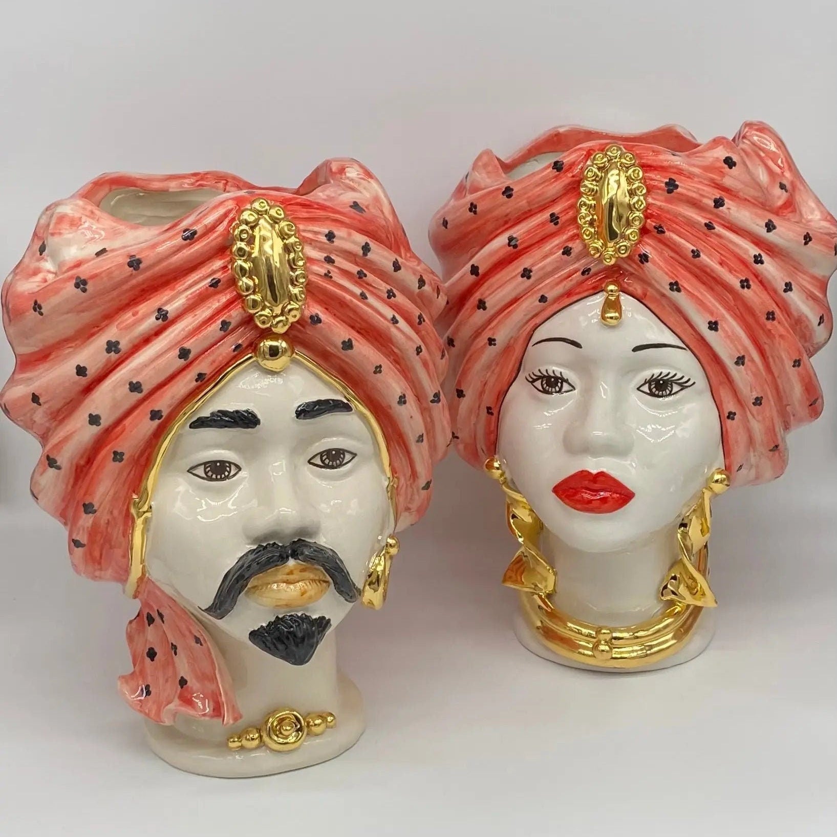 Teste di Moro Atena Ceramica Caltagirone cm H.30 L.23 Artigianale Rosso Pois Oro DD CERAMICHE SICILIANE