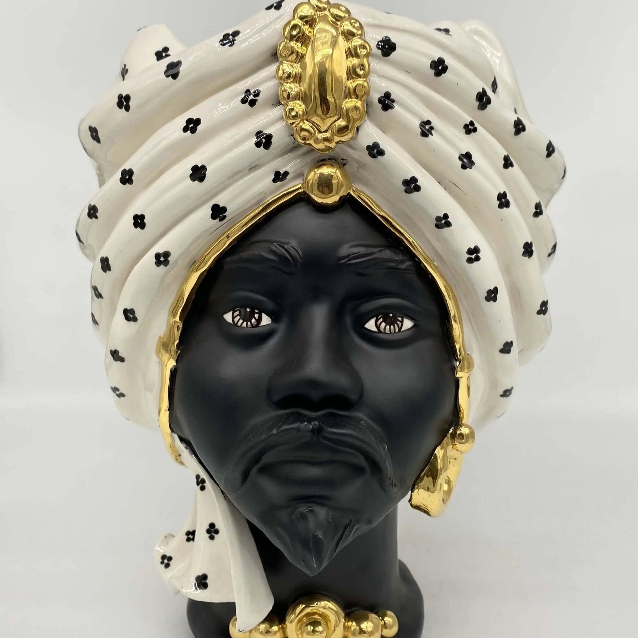 Teste di Moro Atena Ceramica Caltagirone cm H.30 L.23 Artigianale Bianco Pois Nero Oro DD CERAMICHE SICILIANE