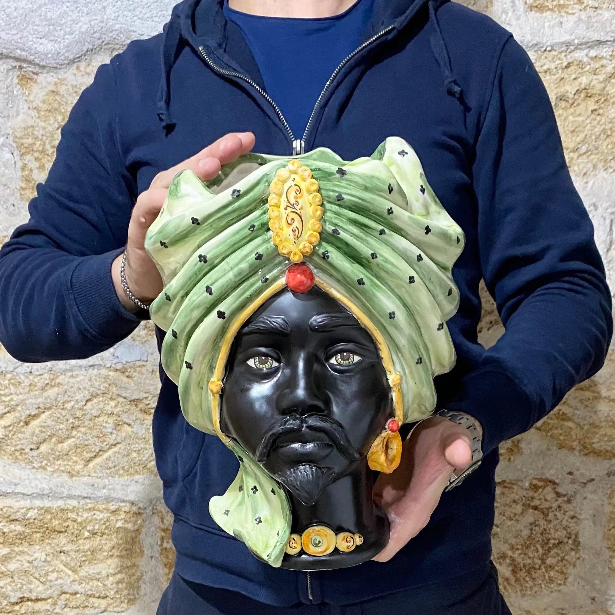 Teste di Moro Atena Ceramica Caltagirone cm H.30 L.23 Artigianale Verde Pois Nero Giallo DD CERAMICHE SICILIANE