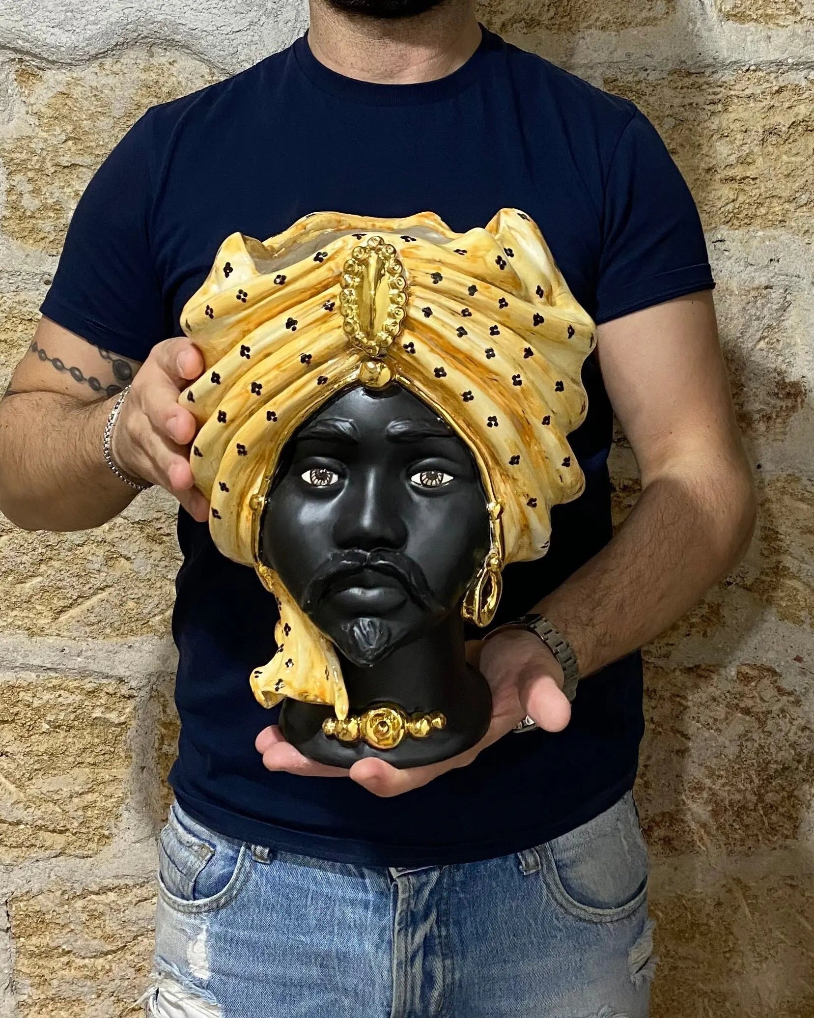 Teste di Moro Atena Ceramica Caltagirone cm H.30 L.23 Artigianale Arancio Pois Nero Oro DD CERAMICHE SICILIANE