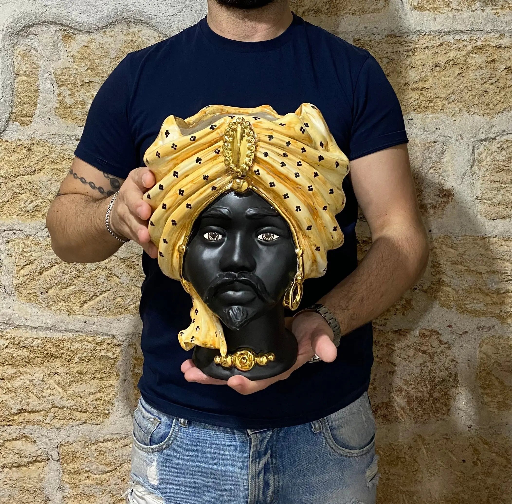 Teste di Moro Atena Ceramica Caltagirone cm H.30 L.23 Artigianale Arancio Pois Nero Oro DD CERAMICHE SICILIANE