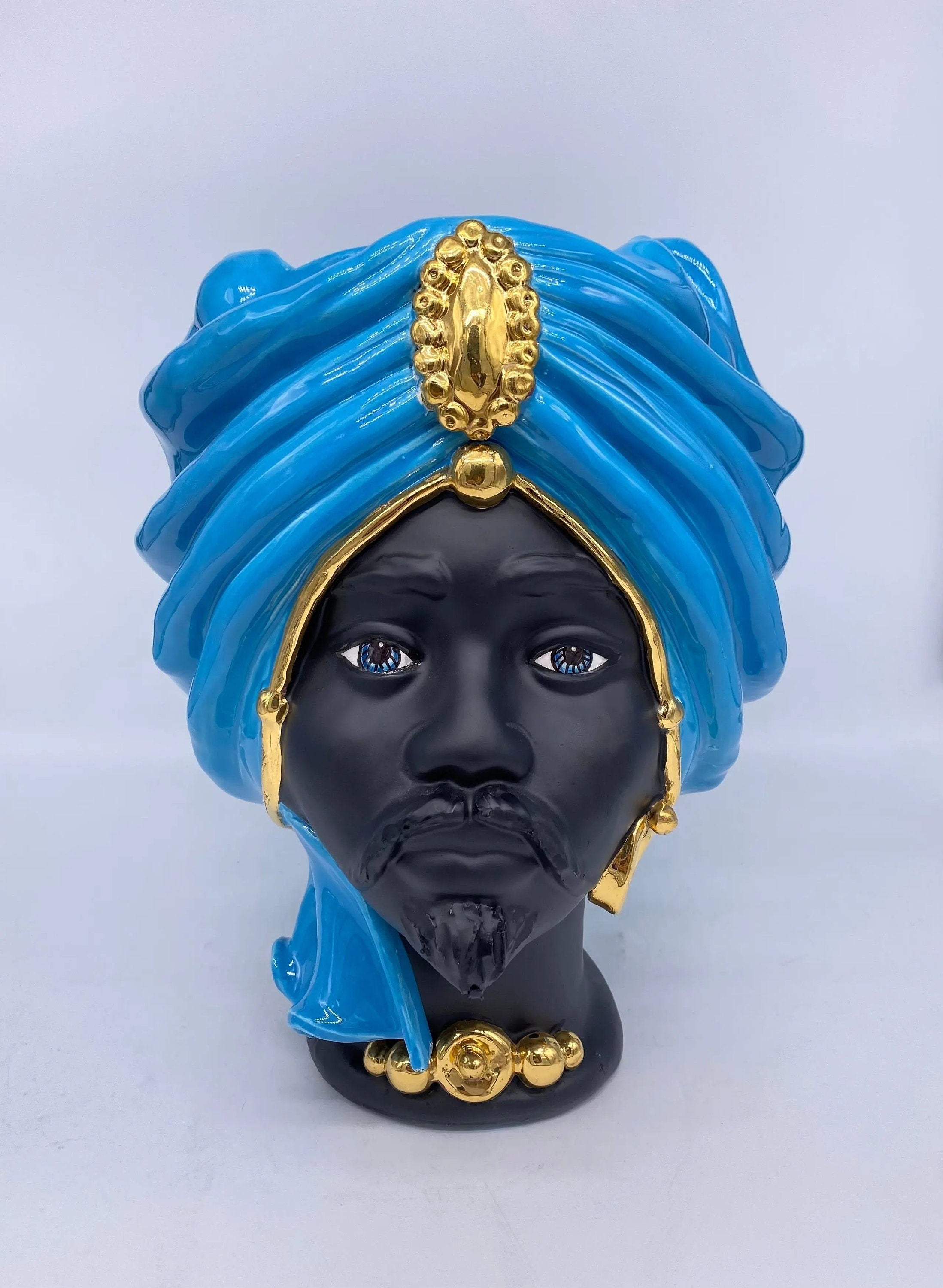 Teste di Moro Atena Ceramica Caltagirone cm H.30 L.23 Artigianale Blu Nero Oro DD CERAMICHE SICILIANE