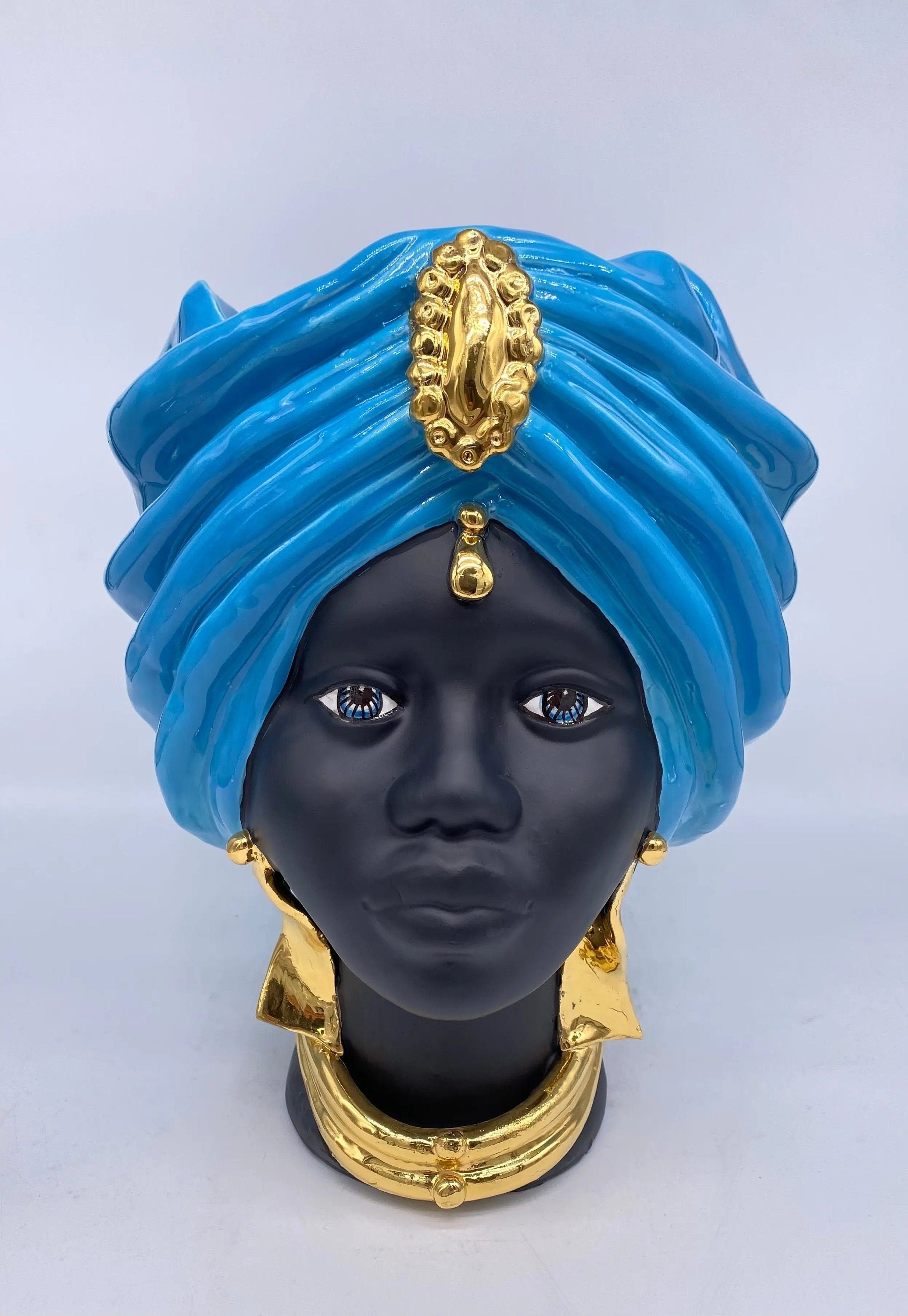 Teste di Moro Atena Ceramica Caltagirone cm H.30 L.23 Artigianale Blu Nero Oro DD CERAMICHE SICILIANE