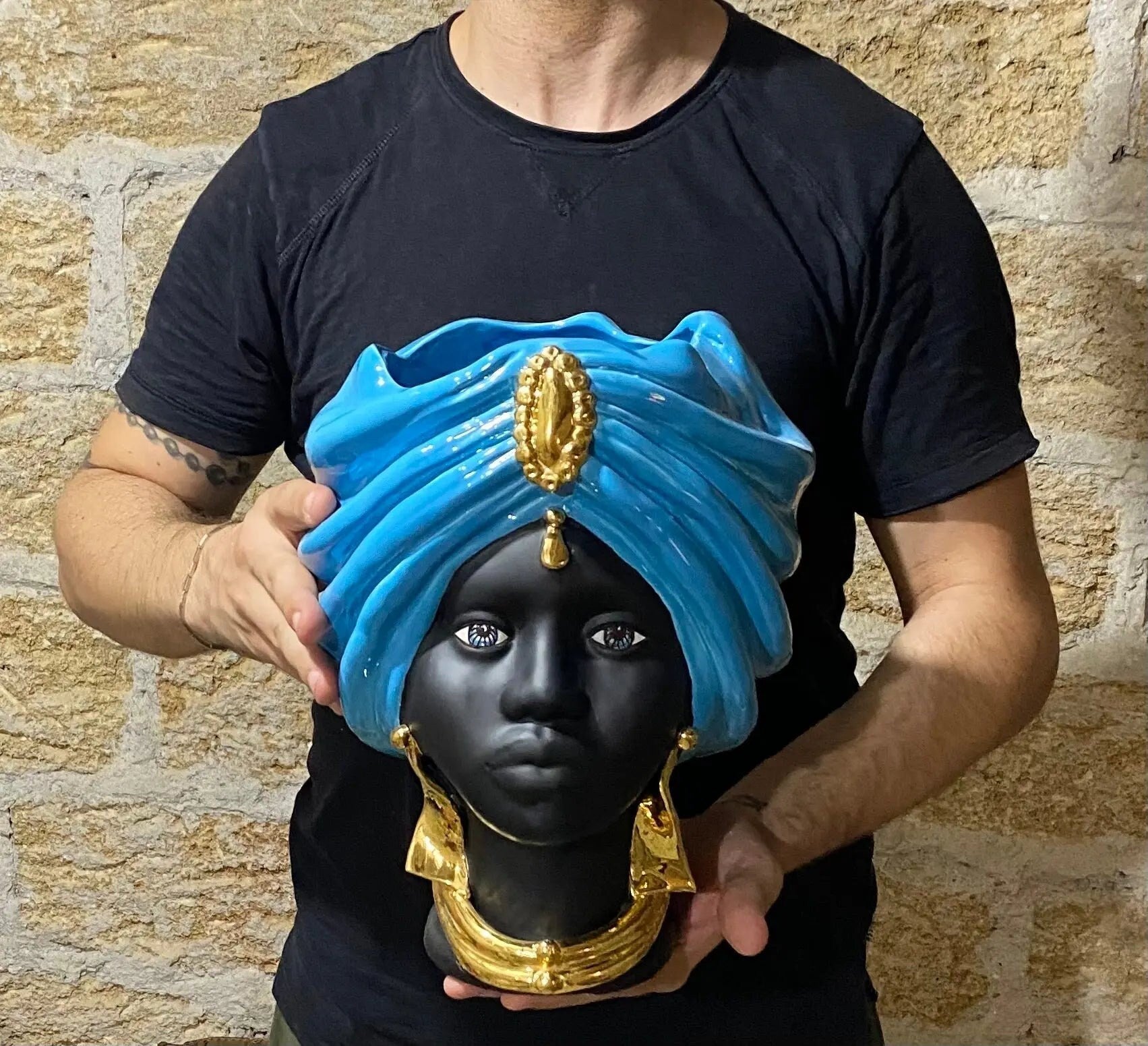 Teste di Moro Atena Ceramica Caltagirone cm H.30 L.23 Artigianale Blu Nero Oro DD CERAMICHE SICILIANE
