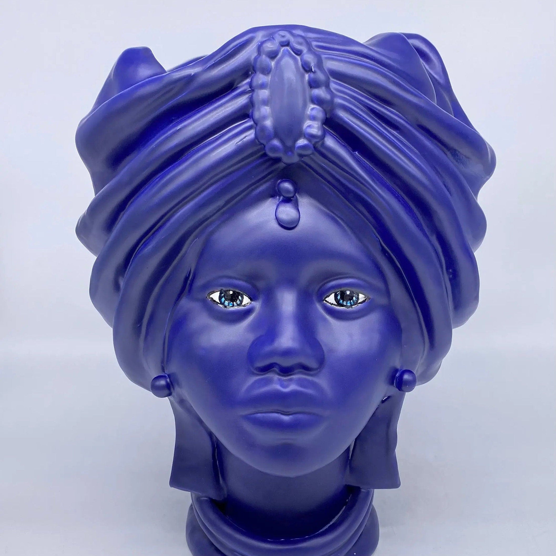 Teste di Moro Atena Ceramica Caltagirone cm H.30 L.23 Artigianale Blu Matt DD CERAMICHE SICILIANE