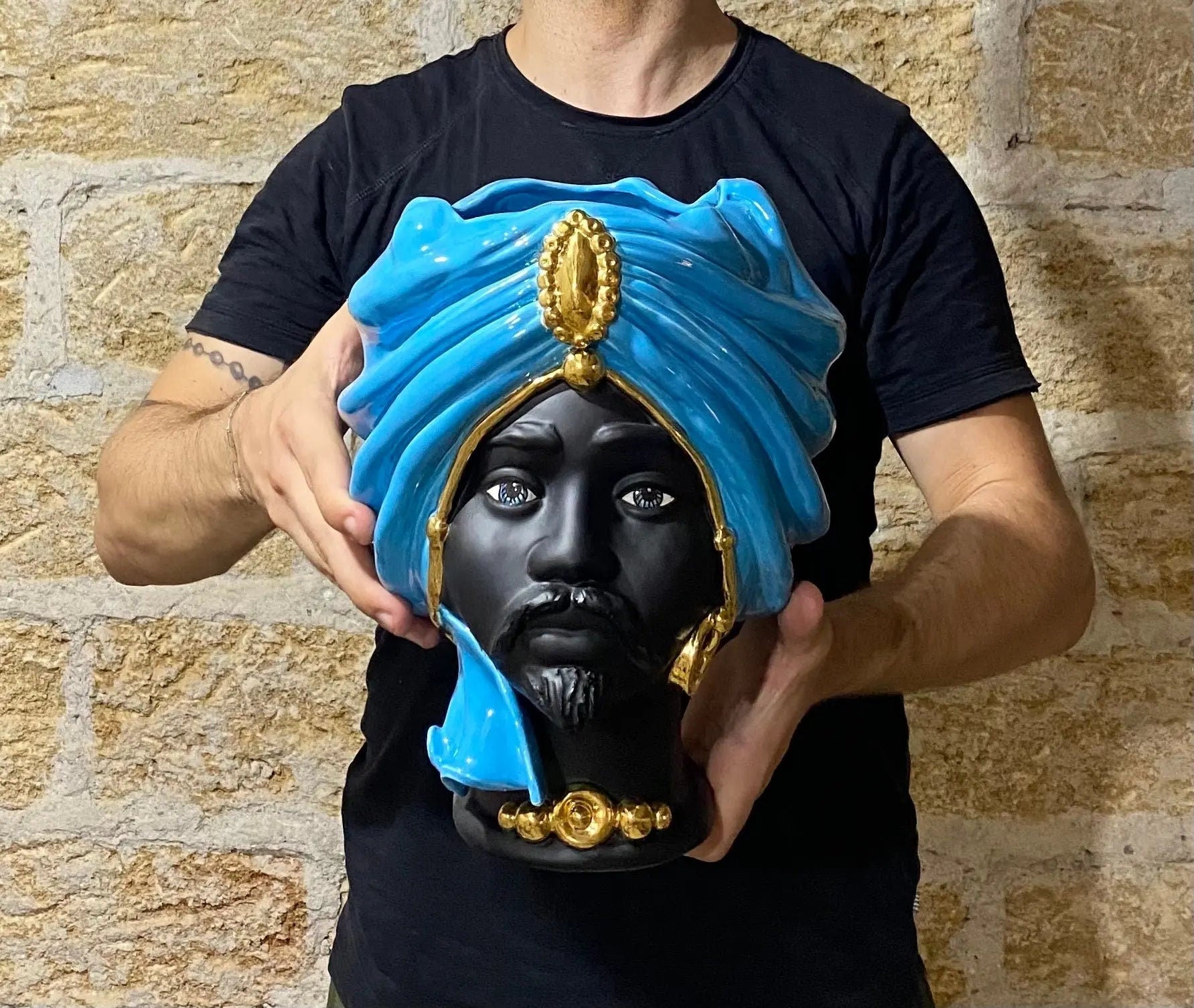 Teste di Moro Atena Ceramica Caltagirone cm H.30 L.23 Artigianale Blu Nero Oro DD CERAMICHE SICILIANE