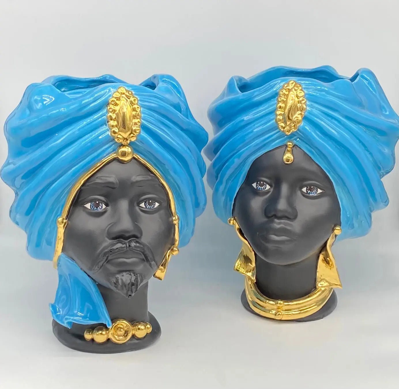 Teste di Moro Atena Ceramica Caltagirone cm H.30 L.23 Artigianale Blu Nero Oro DD CERAMICHE SICILIANE