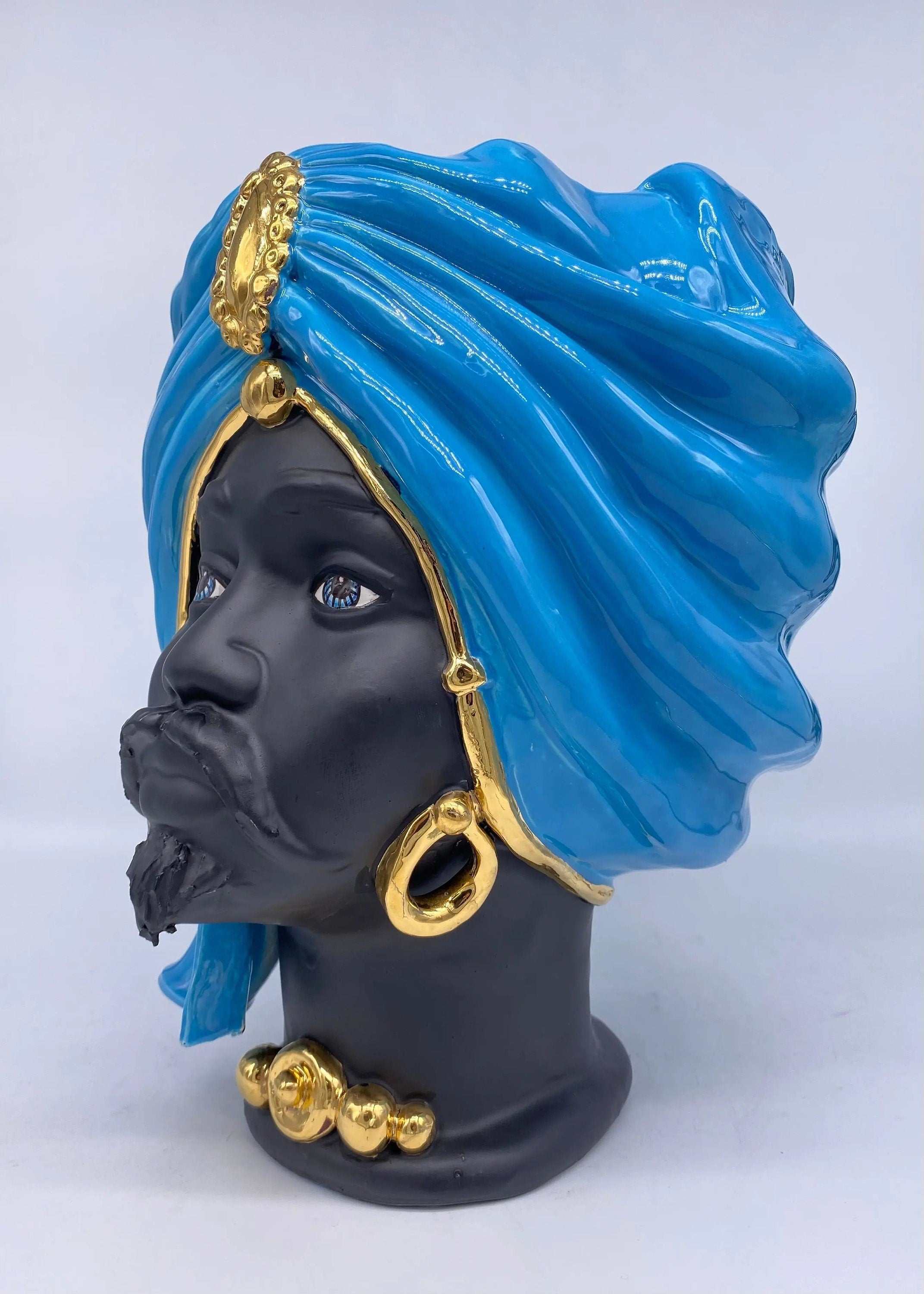 Teste di Moro Atena Ceramica Caltagirone cm H.30 L.23 Artigianale Blu Nero Oro DD CERAMICHE SICILIANE