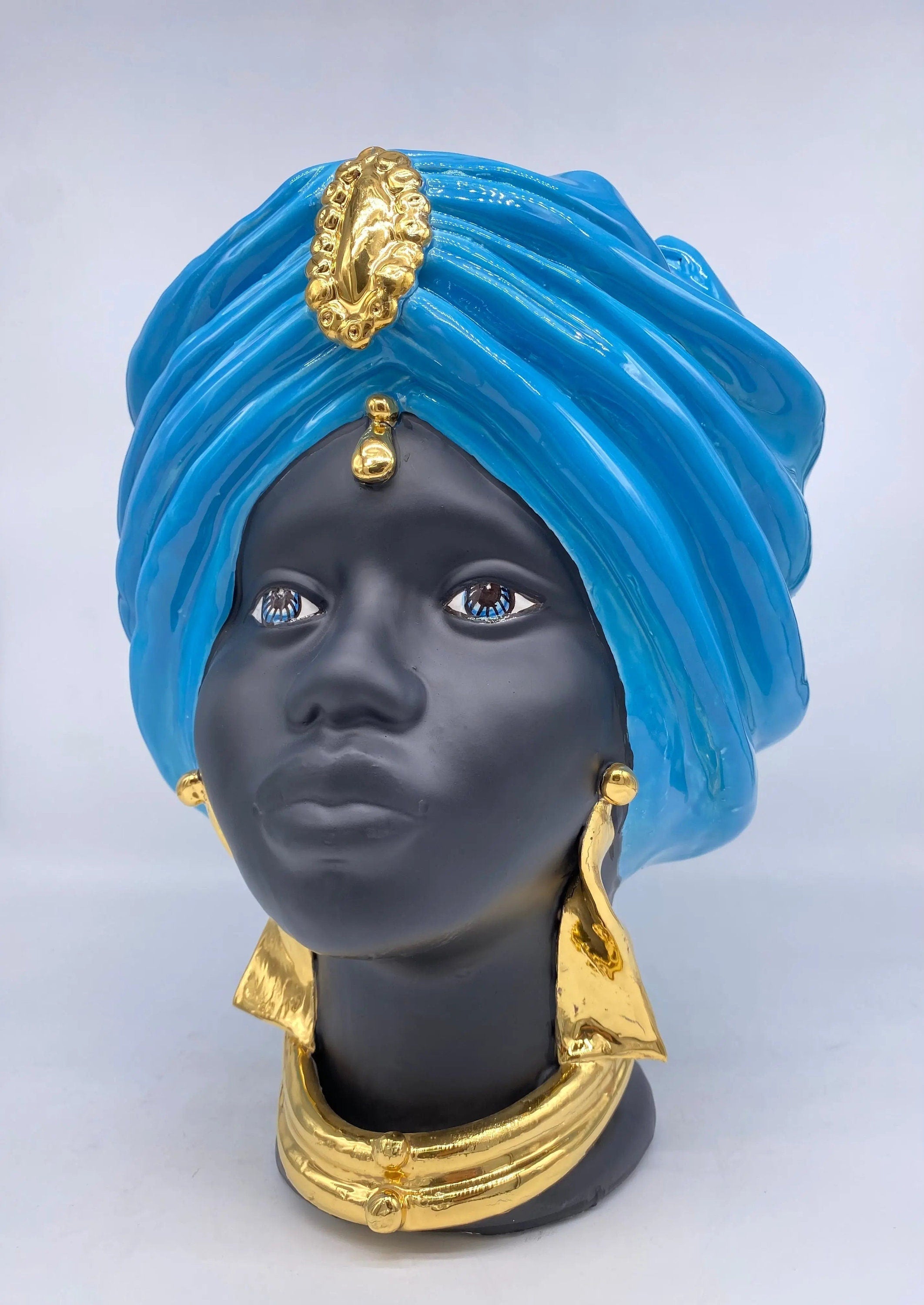 Teste di Moro Atena Ceramica Caltagirone cm H.30 L.23 Artigianale Blu Nero Oro DD CERAMICHE SICILIANE