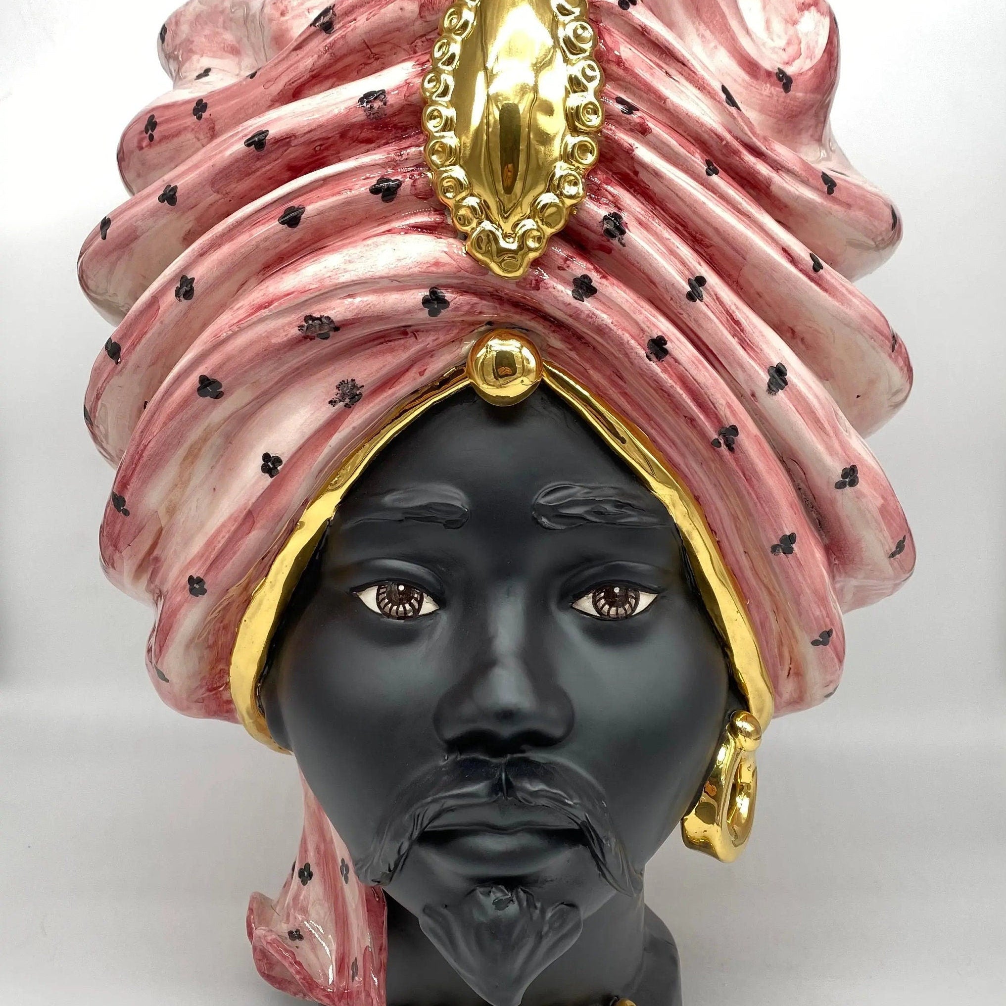 Teste di Moro Atena Ceramica Caltagirone cm H.40 L.28 Artigianale Rosa Pois Nero Oro DD CERAMICHE SICILIANE