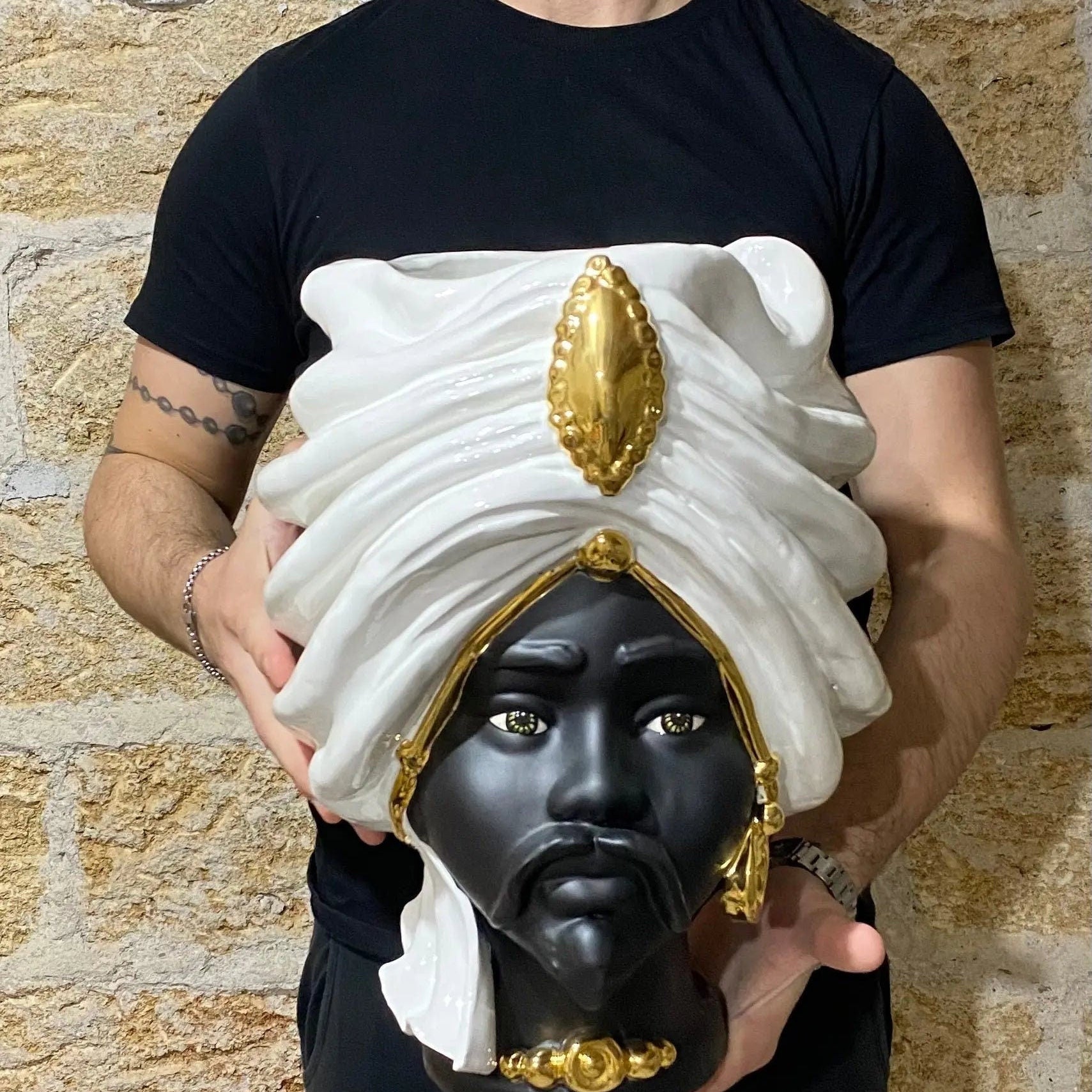 Teste di Moro Atena Ceramica Caltagirone cm H.40 L.28 Artigianale Bianco Nero Oro DD CERAMICHE SICILIANE