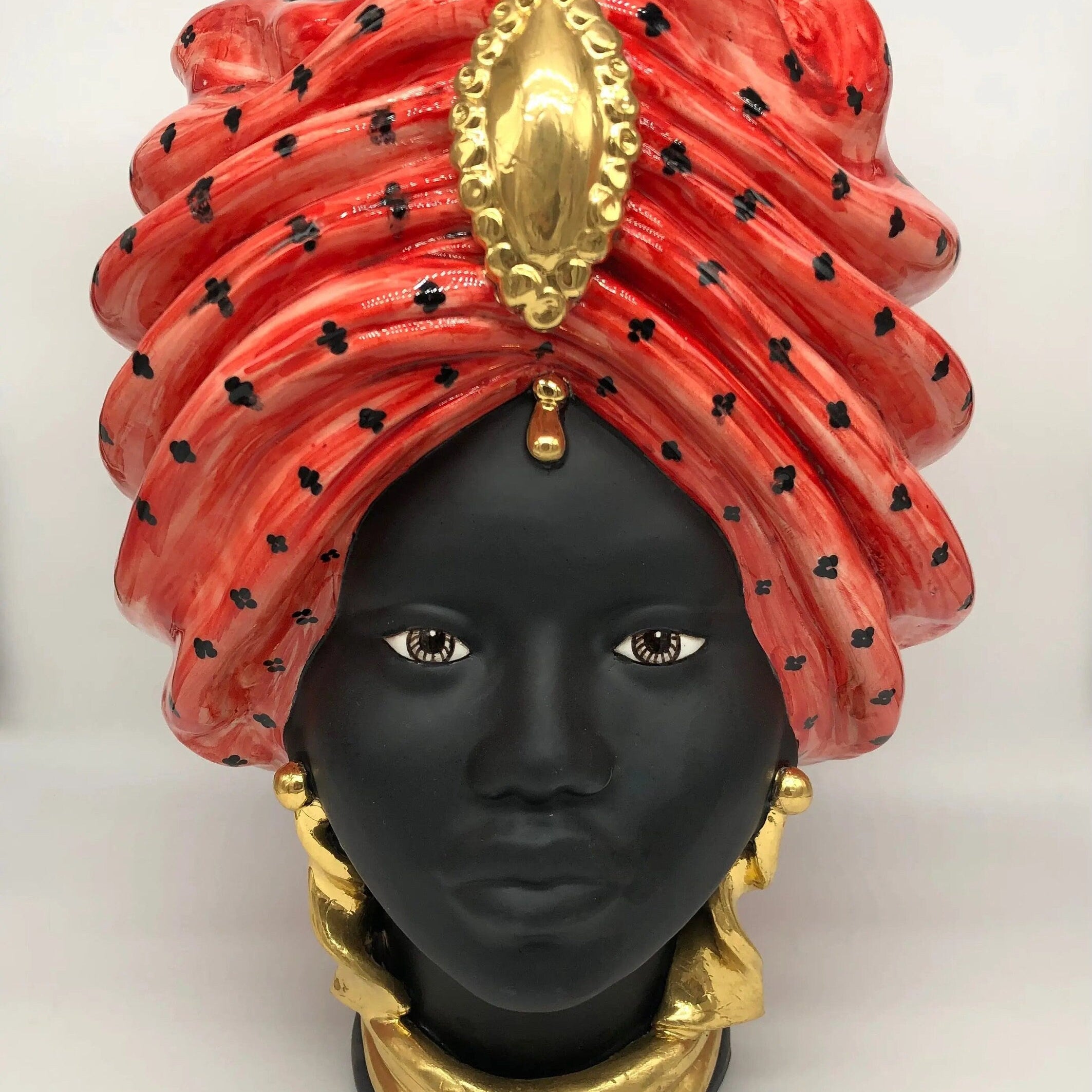 Teste di Moro Atena Ceramica Caltagirone cm H.40 L.28 Artigianale Rosso Pois Nero Oro DD CERAMICHE SICILIANE