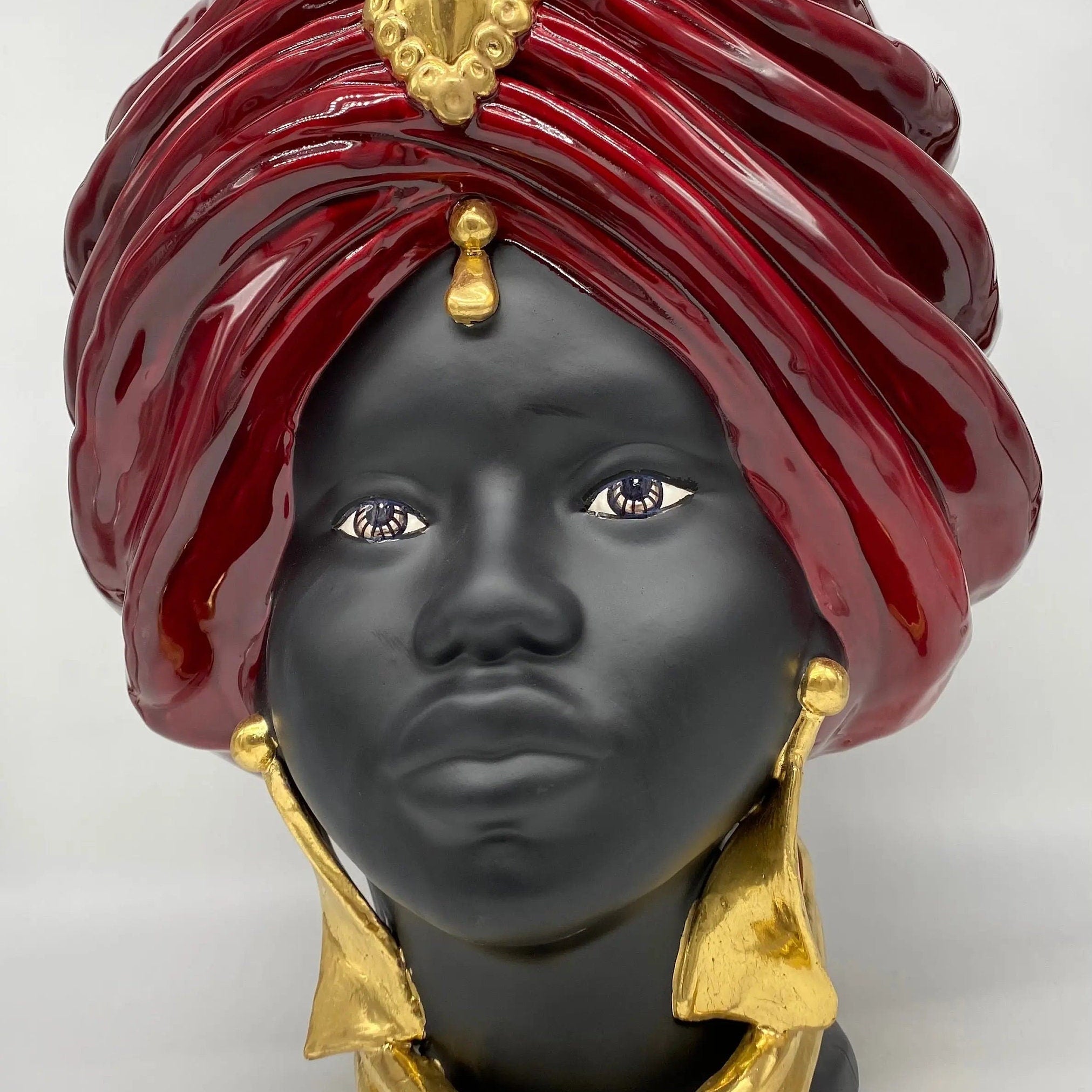 Teste di Moro Atena Ceramica Caltagirone cm H.40 L.28 Artigianale Bordeaux Nero Oro DD CERAMICHE SICILIANE