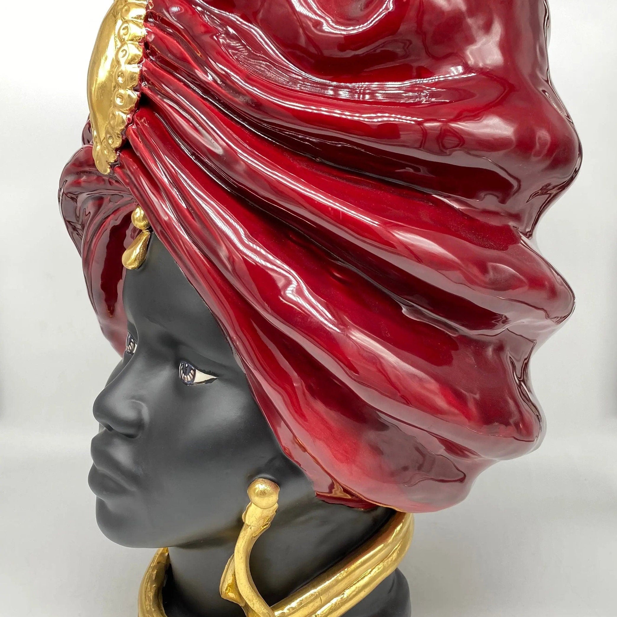 Teste di Moro Atena Ceramica Caltagirone cm H.40 L.28 Artigianale Bordeaux Nero Oro DD CERAMICHE SICILIANE