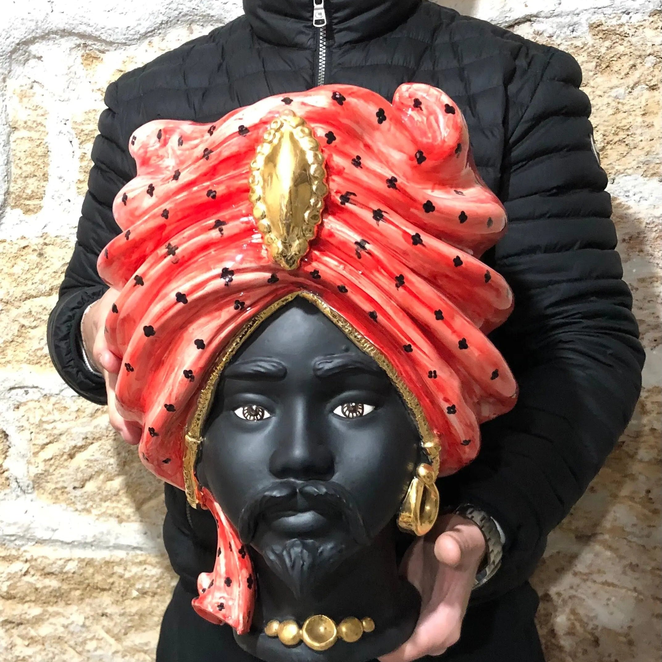 Teste di Moro Atena Ceramica Caltagirone cm H.40 L.28 Artigianale Rosso Pois Nero Oro DD CERAMICHE SICILIANE