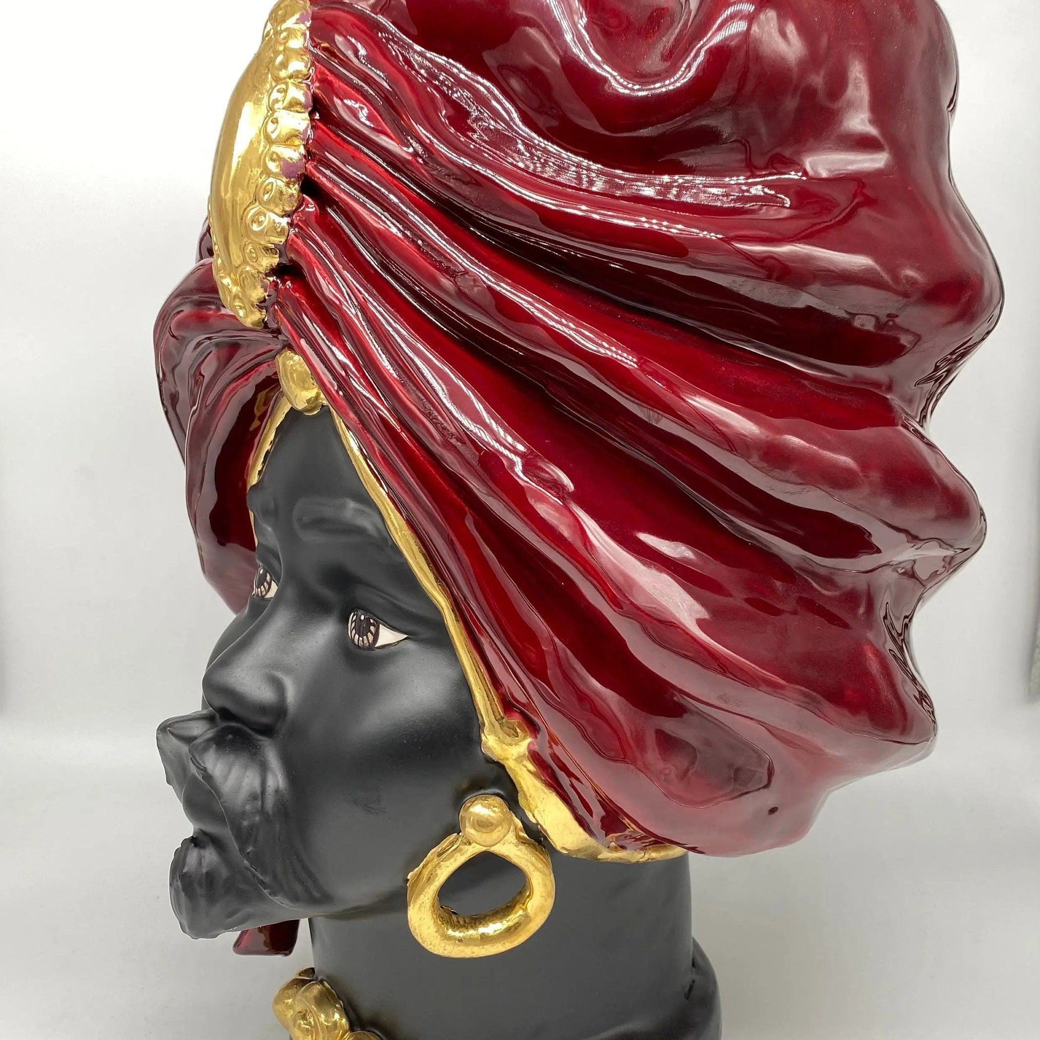 Teste di Moro Atena Ceramica Caltagirone cm H.40 L.28 Artigianale Bordeaux Nero Oro DD CERAMICHE SICILIANE