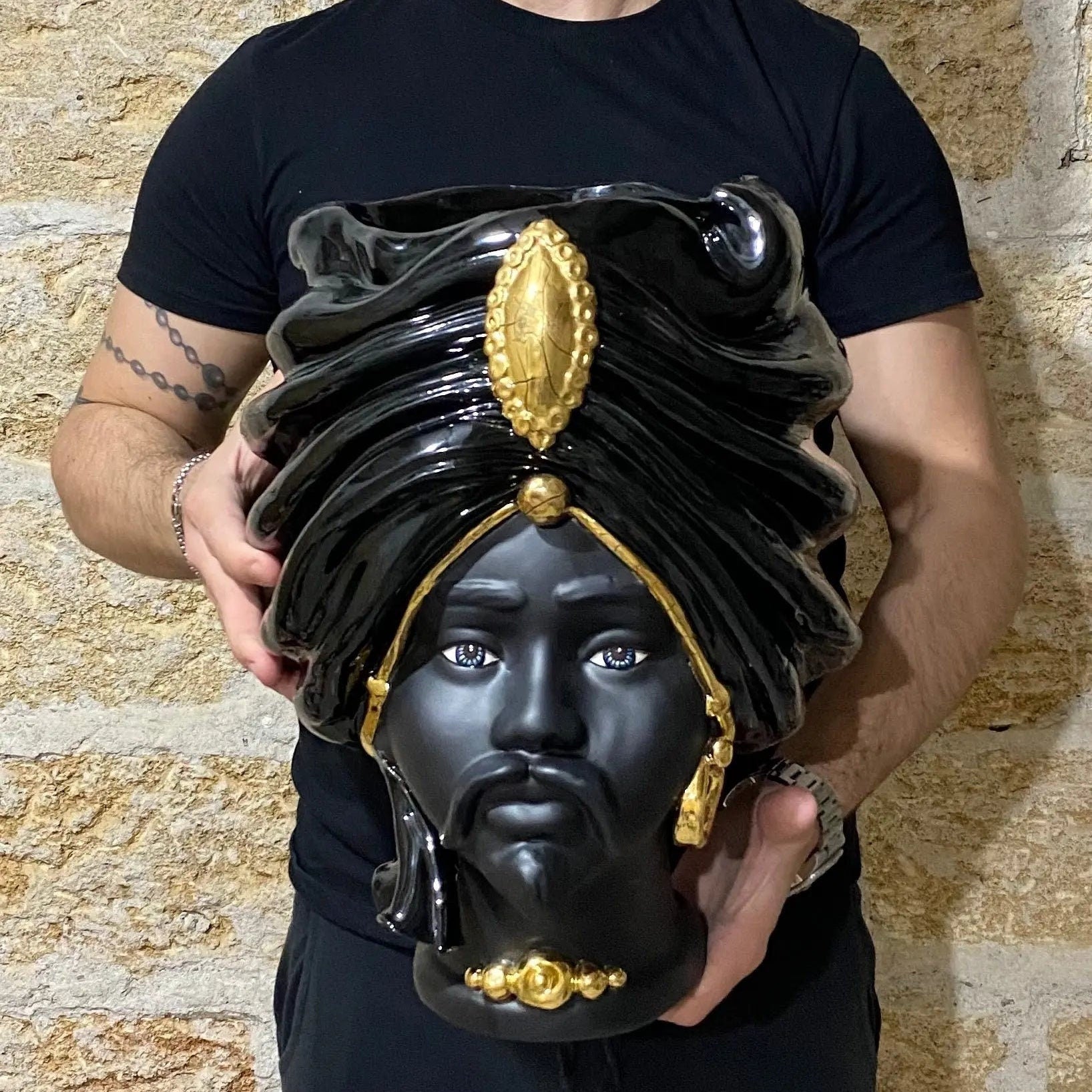 Teste di Moro Atena Ceramica Caltagirone cm H.40 L.28 Artigianale Nero Oro DD CERAMICHE SICILIANE