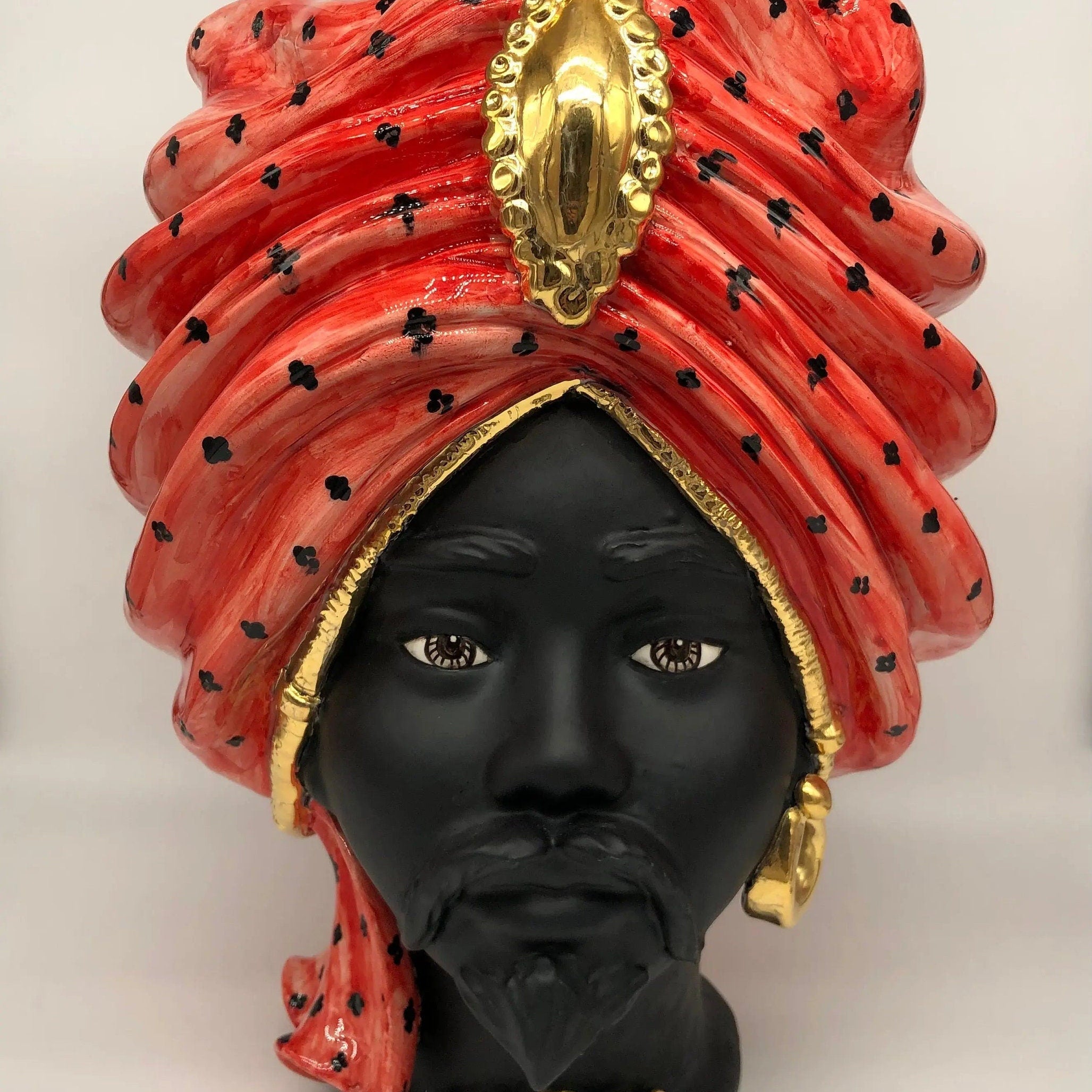 Teste di Moro Atena Ceramica Caltagirone cm H.40 L.28 Artigianale Rosso Pois Nero Oro DD CERAMICHE SICILIANE
