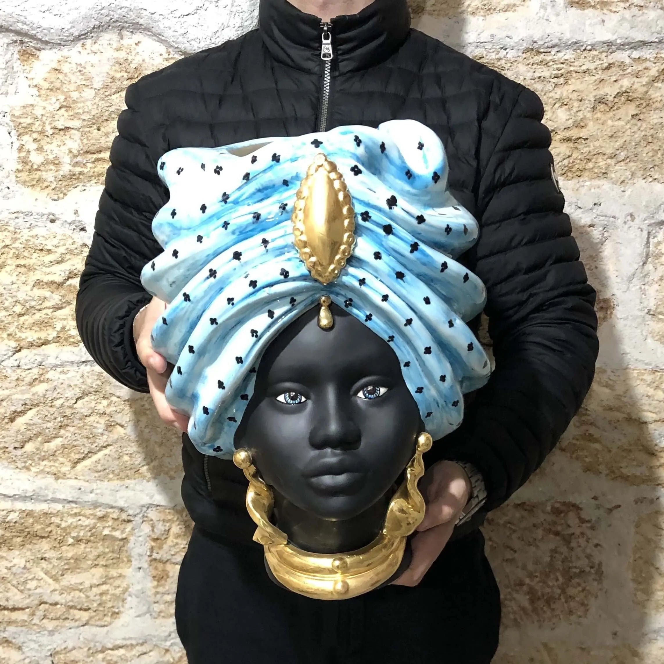 Teste di Moro Atena Ceramica Caltagirone cm H.40 L.28 Artigianale Celeste Pois Nero Oro DD CERAMICHE SICILIANE