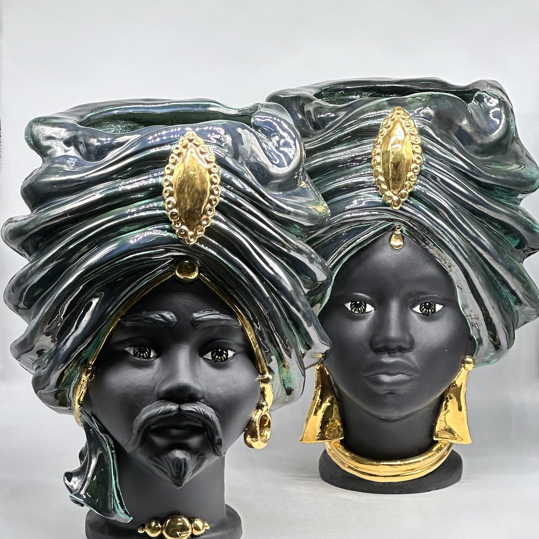 Teste di Moro Atena Ceramica Caltagirone cm H.40 L.28 Artigianale Verde Rame Nero Oro - TESTE DI MORO