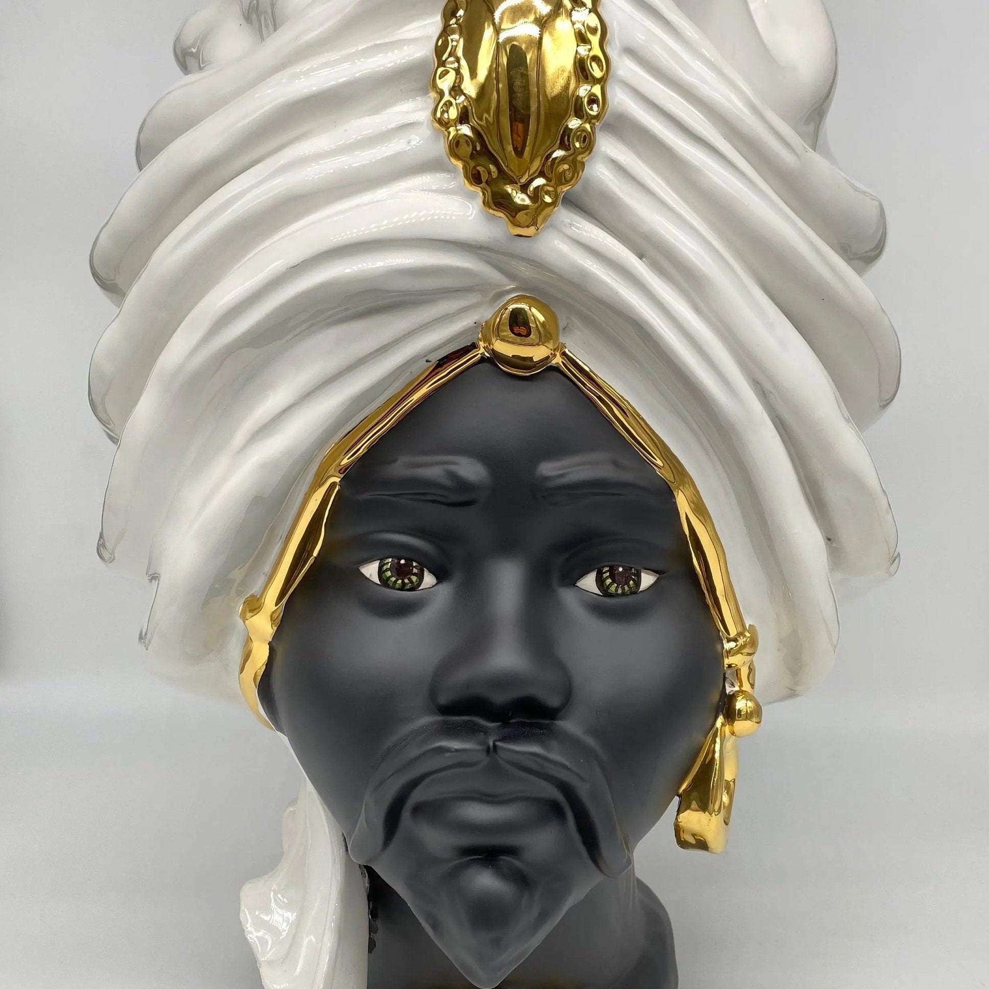 Teste di Moro Atena Ceramica Caltagirone cm H.40 L.28 Artigianale Bianco Nero Oro DD CERAMICHE SICILIANE