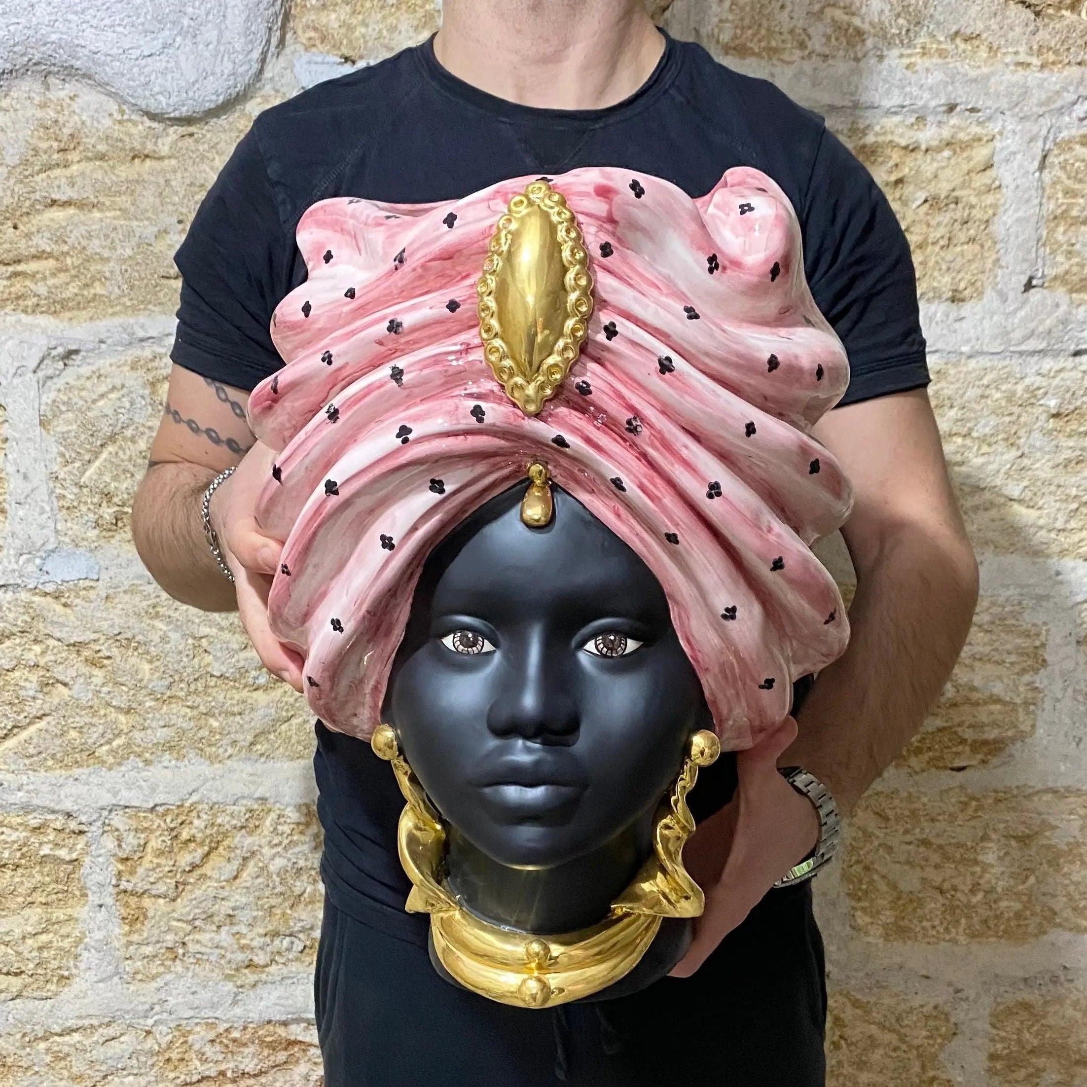 Teste di Moro Atena Ceramica Caltagirone cm H.40 L.28 Artigianale Rosa Pois Nero Oro DD CERAMICHE SICILIANE