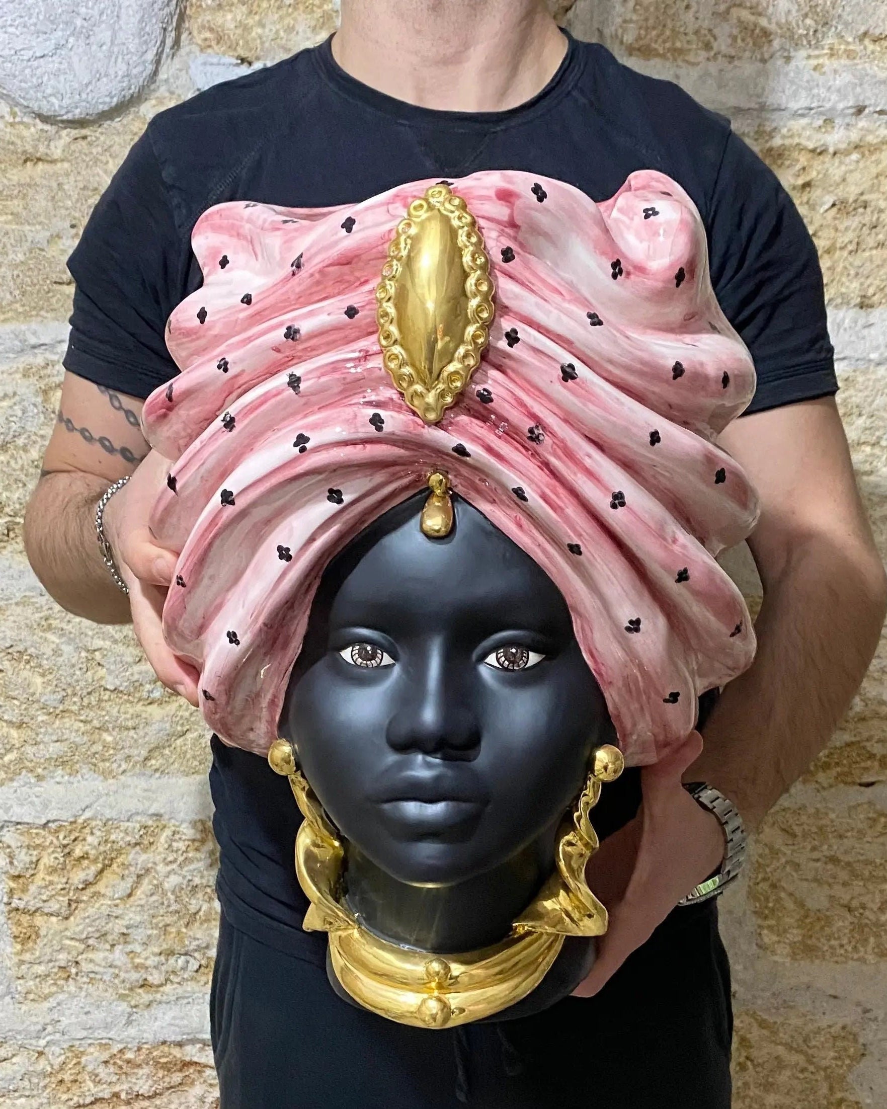 Teste di Moro Atena Ceramica Caltagirone cm H.40 L.28 Artigianale Rosa Pois Nero Oro DD CERAMICHE SICILIANE