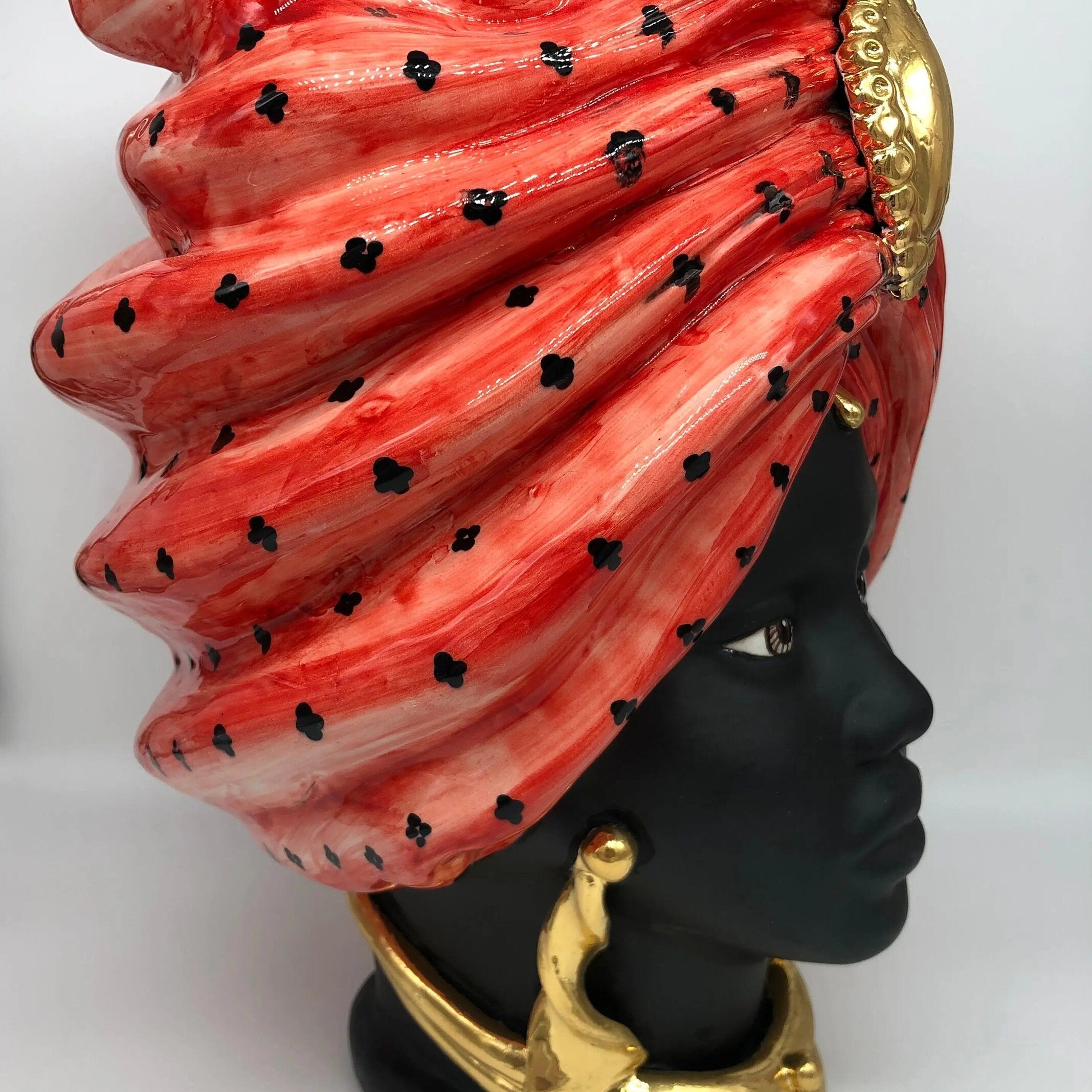 Teste di Moro Atena Ceramica Caltagirone cm H.40 L.28 Artigianale Rosso Pois Nero Oro DD CERAMICHE SICILIANE