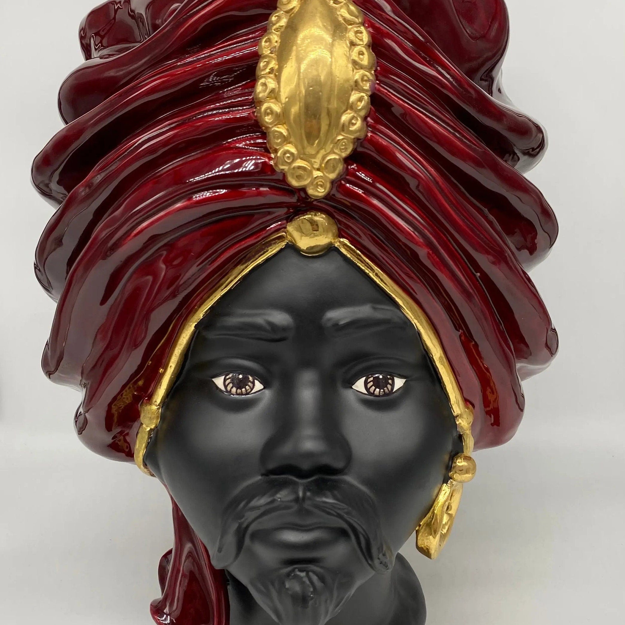 Teste di Moro Atena Ceramica Caltagirone cm H.40 L.28 Artigianale Bordeaux Nero Oro DD CERAMICHE SICILIANE