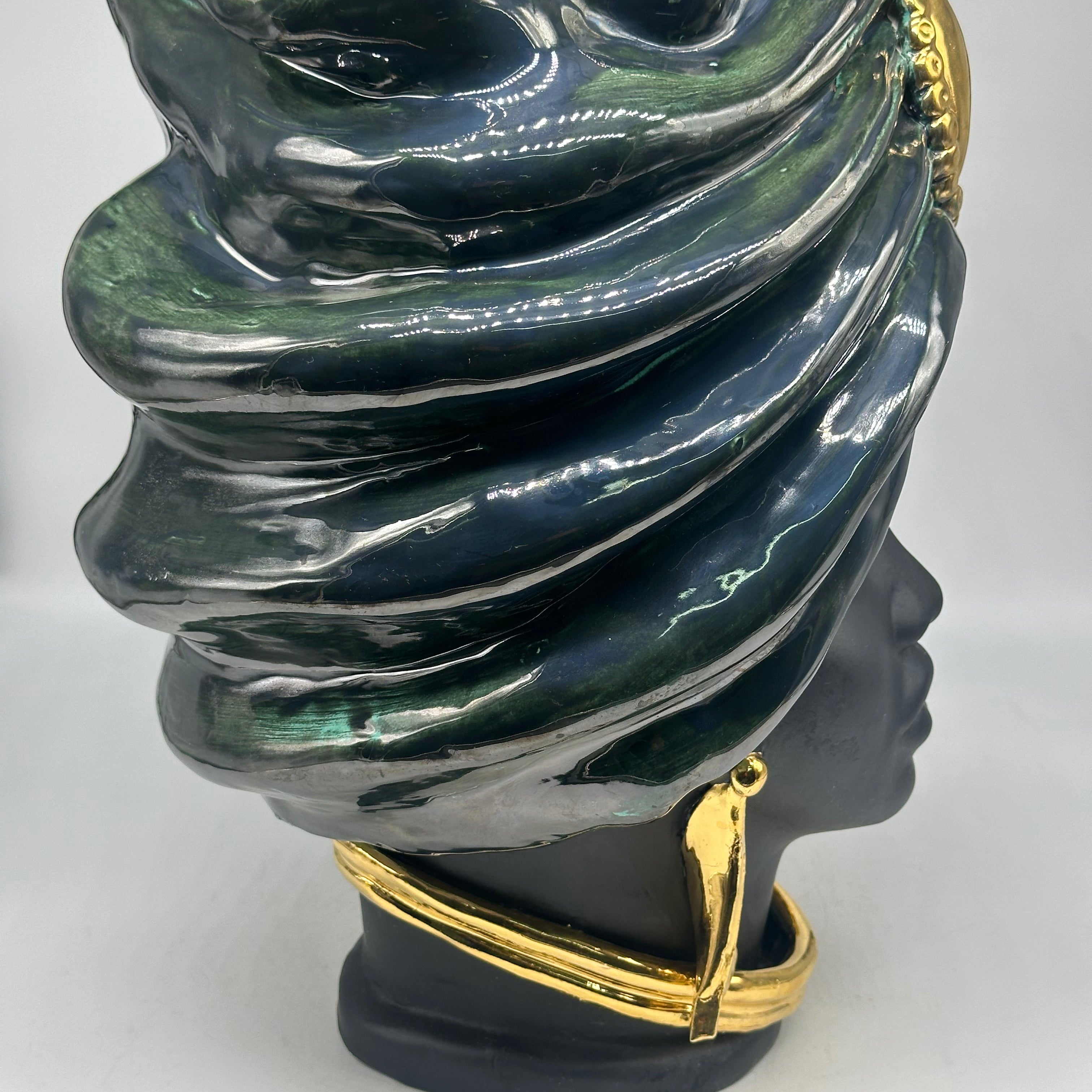 Teste di Moro Atena Ceramica Caltagirone cm H.40 L.28 Artigianale Verde Rame Nero Oro - TESTE DI MORO