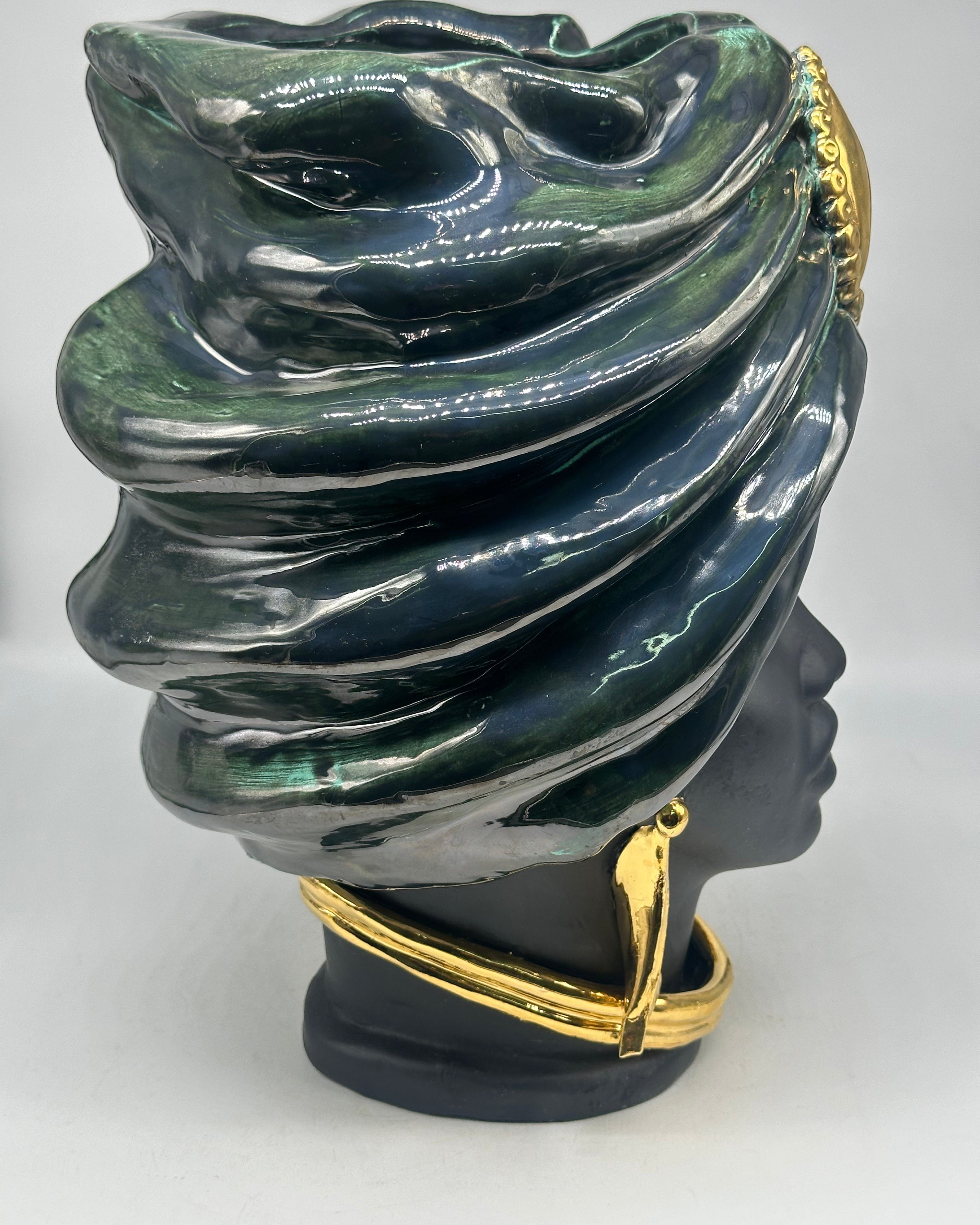 Teste di Moro Atena Ceramica Caltagirone cm H.40 L.28 Artigianale Verde Rame Nero Oro - TESTE DI MORO