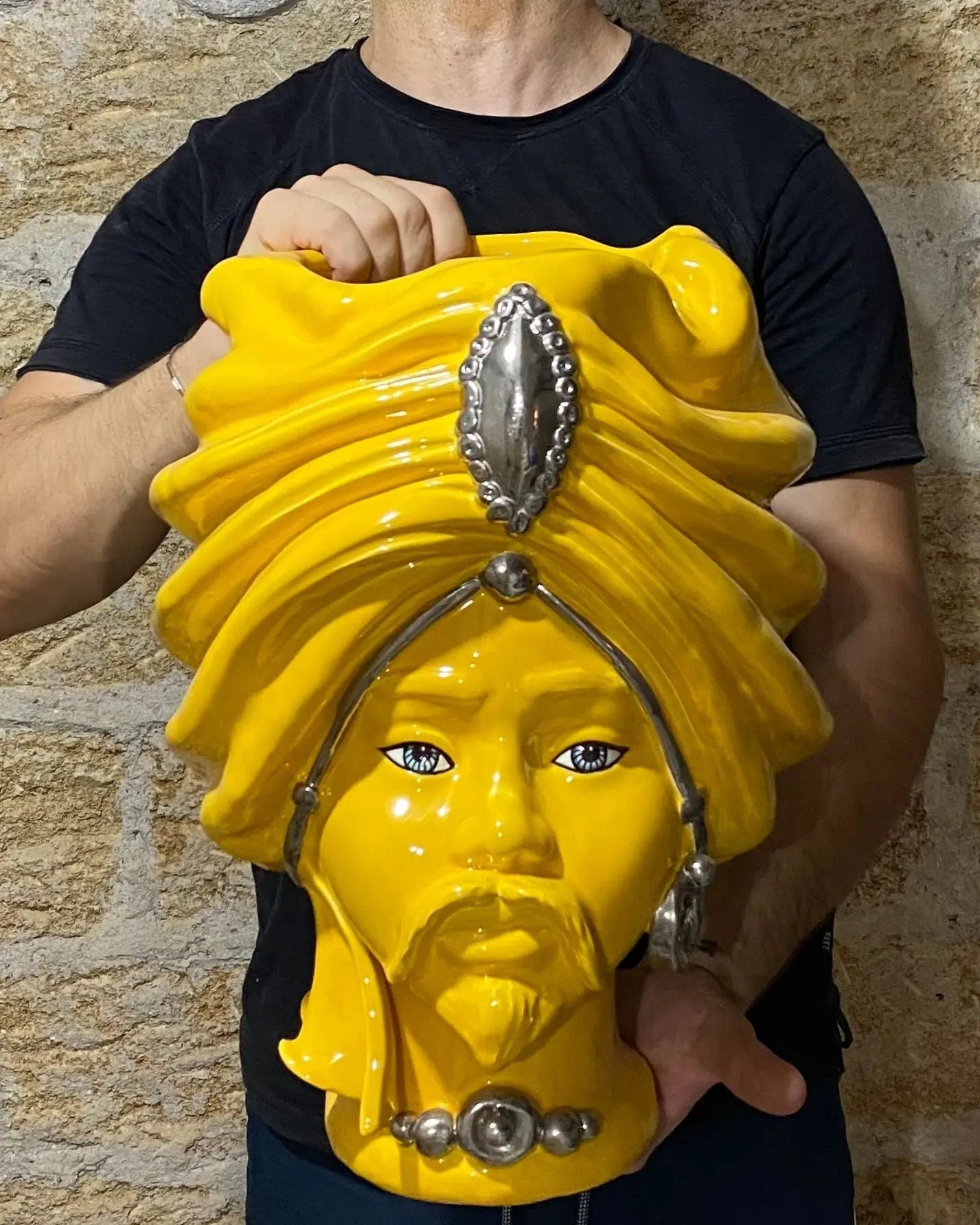 Teste di Moro Atena Ceramica Caltagirone cm H.40 L.28 Artigianale Giallo Platino DD CERAMICHE SICILIANE