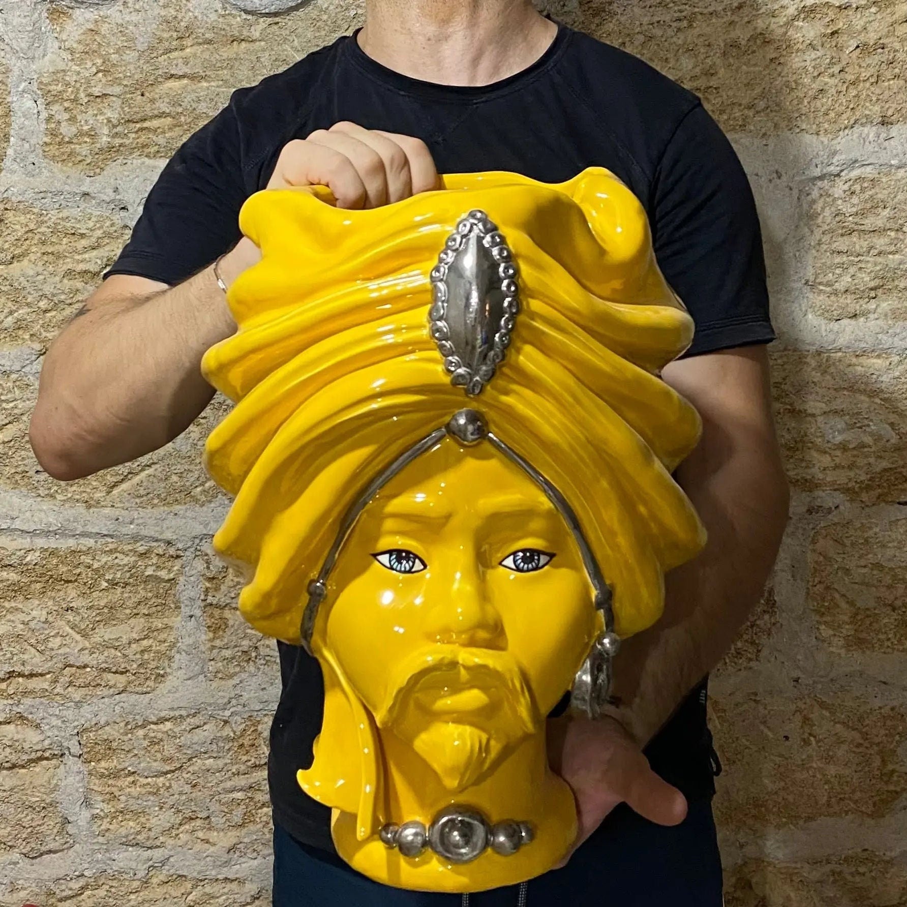 Teste di Moro Atena Ceramica Caltagirone cm H.40 L.28 Artigianale Giallo Platino DD CERAMICHE SICILIANE