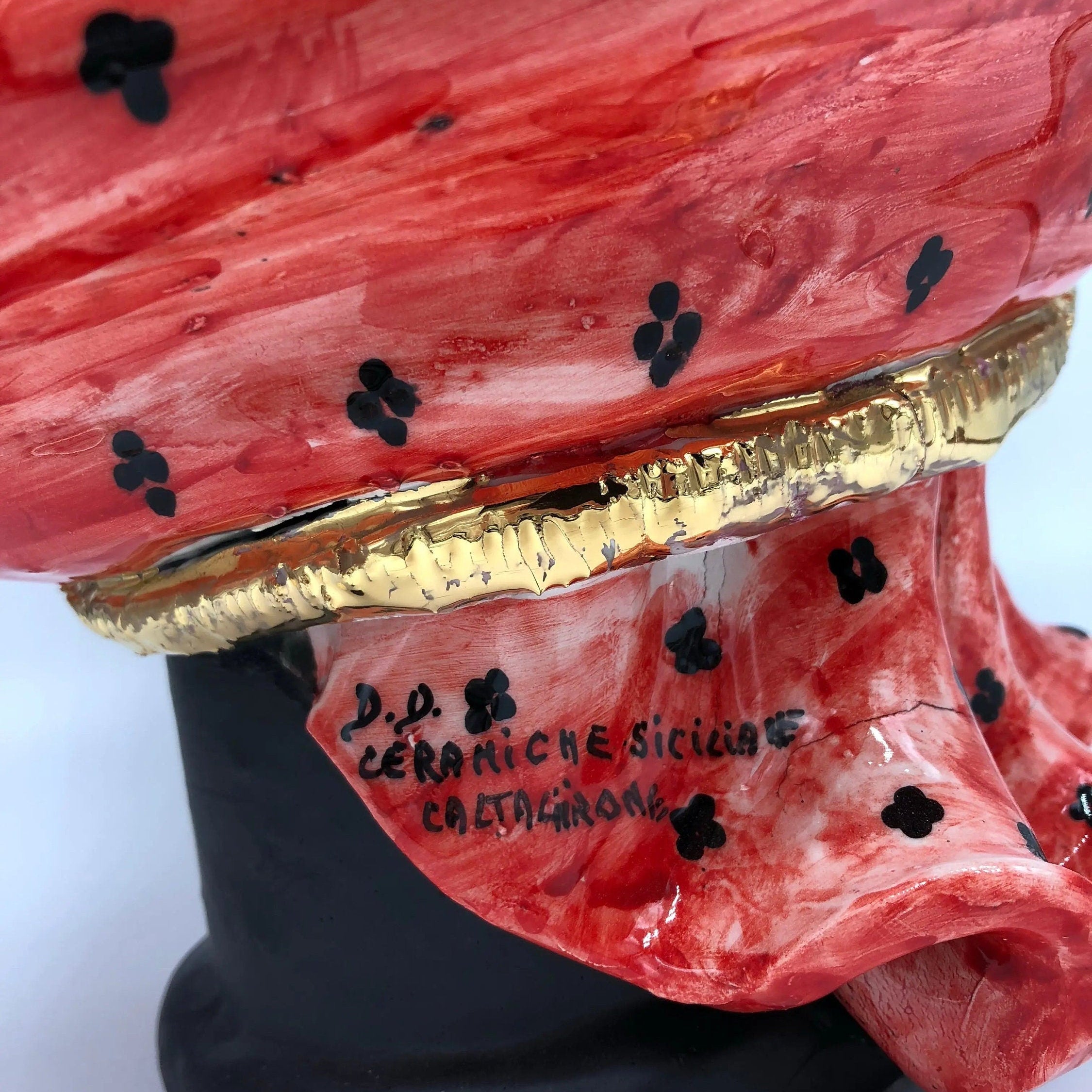 Teste di Moro Atena Ceramica Caltagirone cm H.40 L.28 Artigianale Rosso Pois Nero Oro DD CERAMICHE SICILIANE
