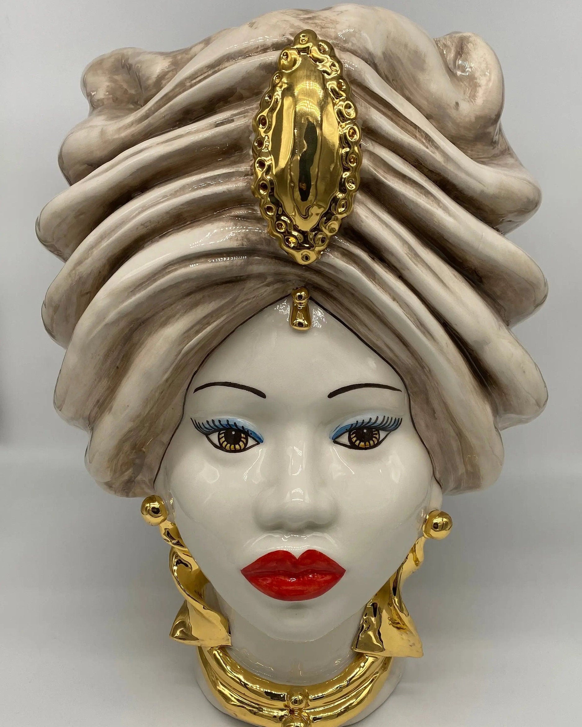 Teste di Moro Atena Ceramica Caltagirone cm H.40 L.28 Artigianale Écru Beige Oro DD CERAMICHE SICILIANE
