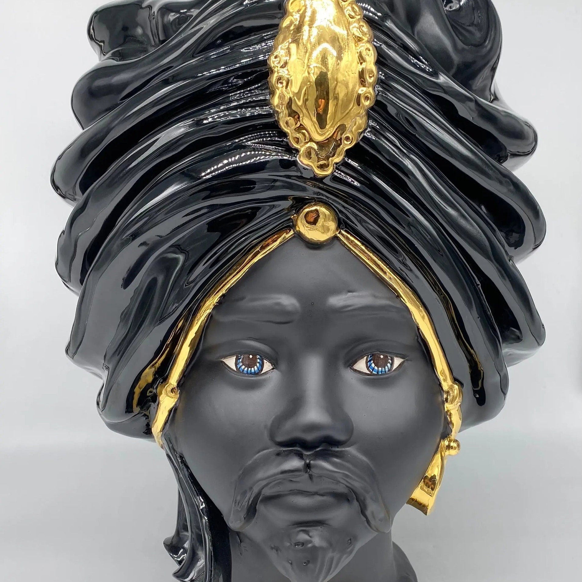 Teste di Moro Atena Ceramica Caltagirone cm H.40 L.28 Artigianale Nero Oro DD CERAMICHE SICILIANE