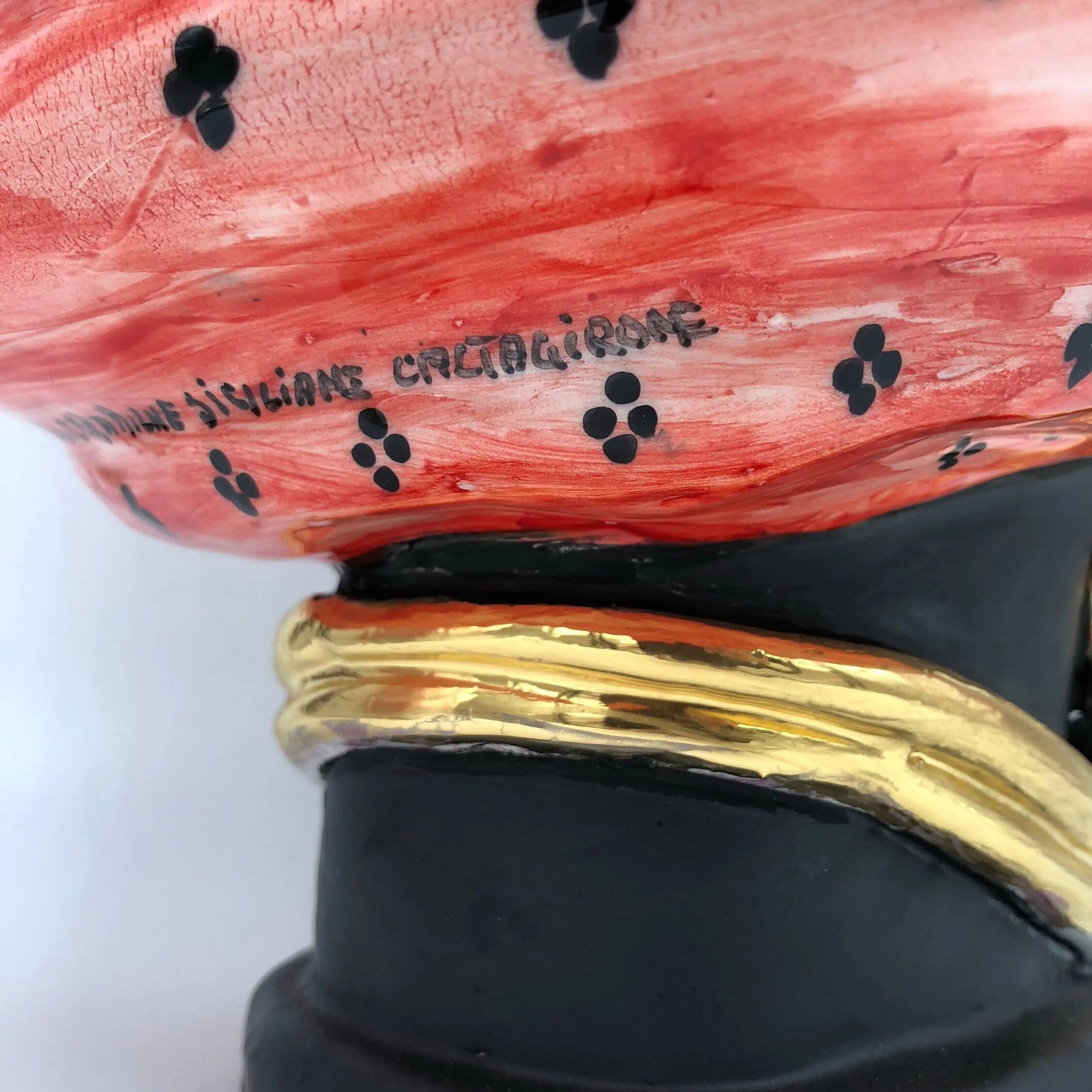Teste di Moro Atena Ceramica Caltagirone cm H.40 L.28 Artigianale Rosso Pois Nero Oro DD CERAMICHE SICILIANE