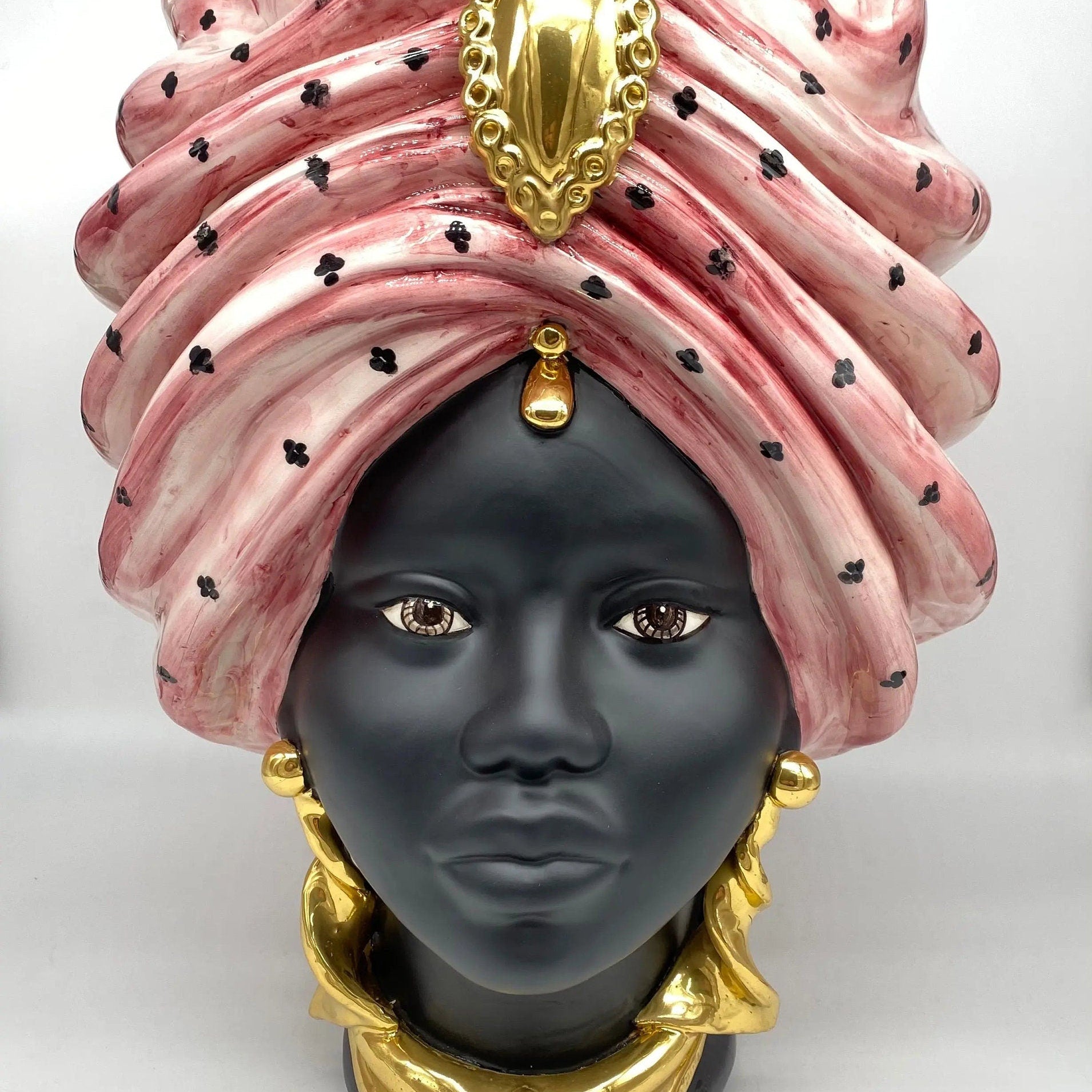 Teste di Moro Atena Ceramica Caltagirone cm H.40 L.28 Artigianale Rosa Pois Nero Oro DD CERAMICHE SICILIANE