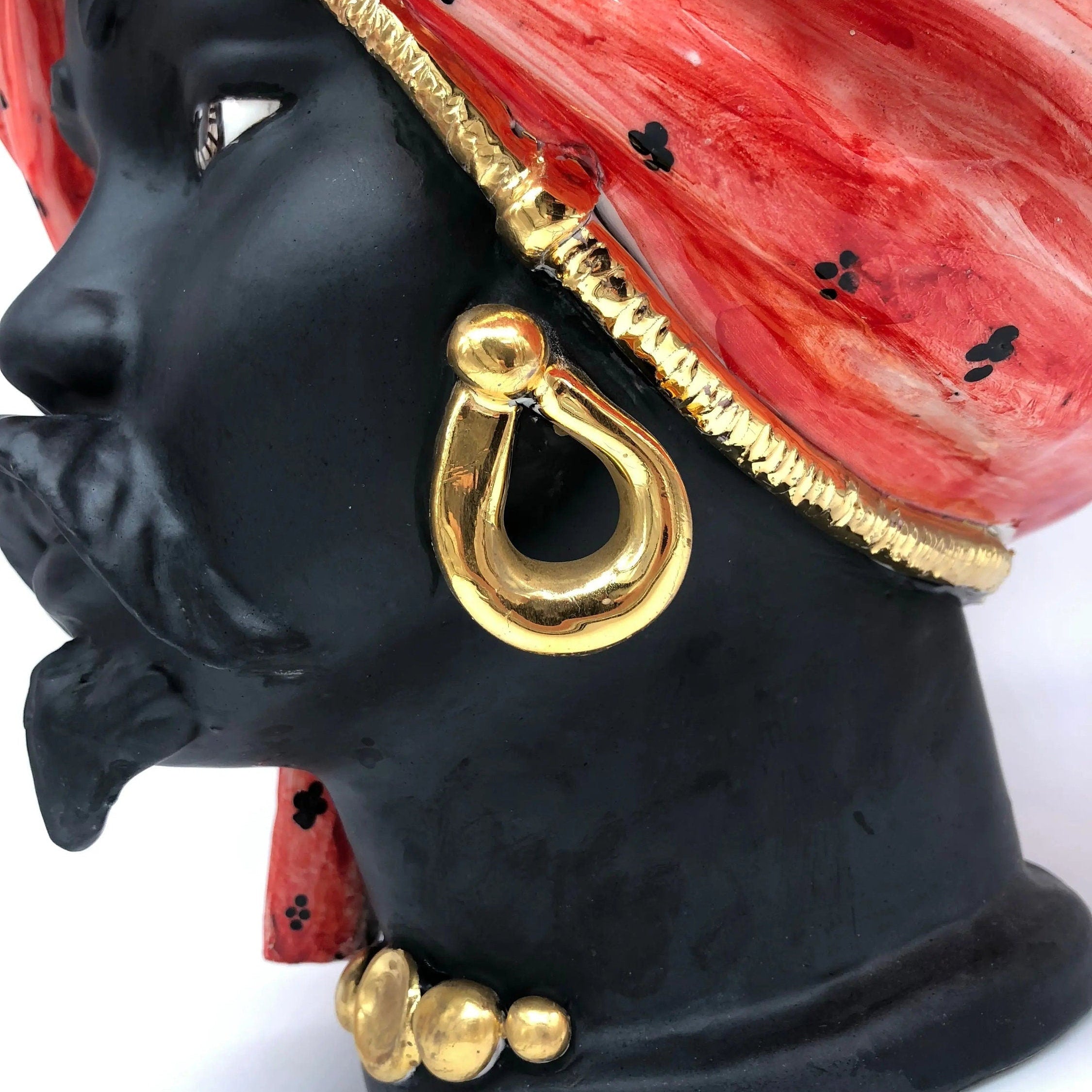 Teste di Moro Atena Ceramica Caltagirone cm H.40 L.28 Artigianale Rosso Pois Nero Oro DD CERAMICHE SICILIANE