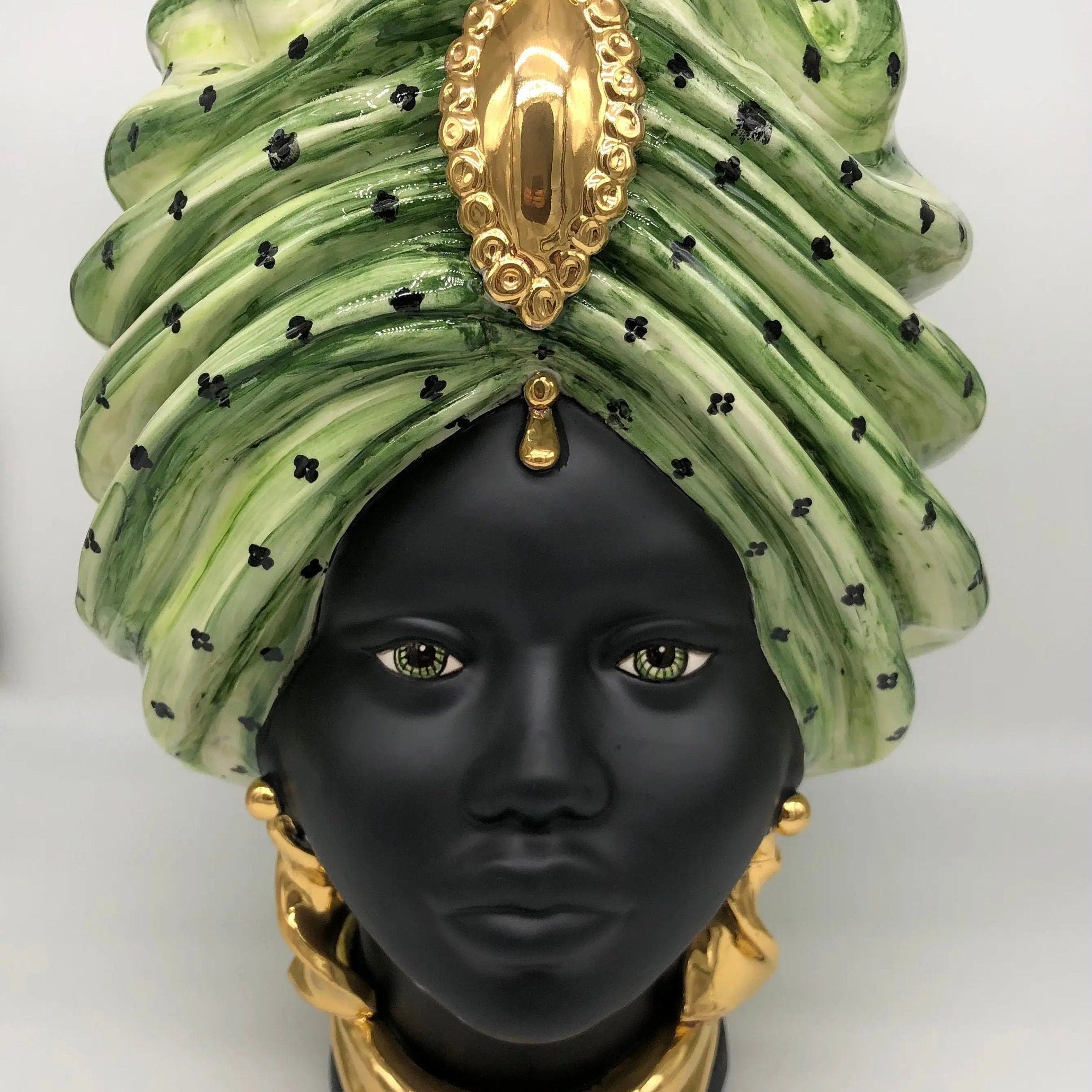 Teste di Moro Atena Ceramica Caltagirone cm H.40 L.28 Artigianale Verde Pois Nero Oro DD CERAMICHE SICILIANE