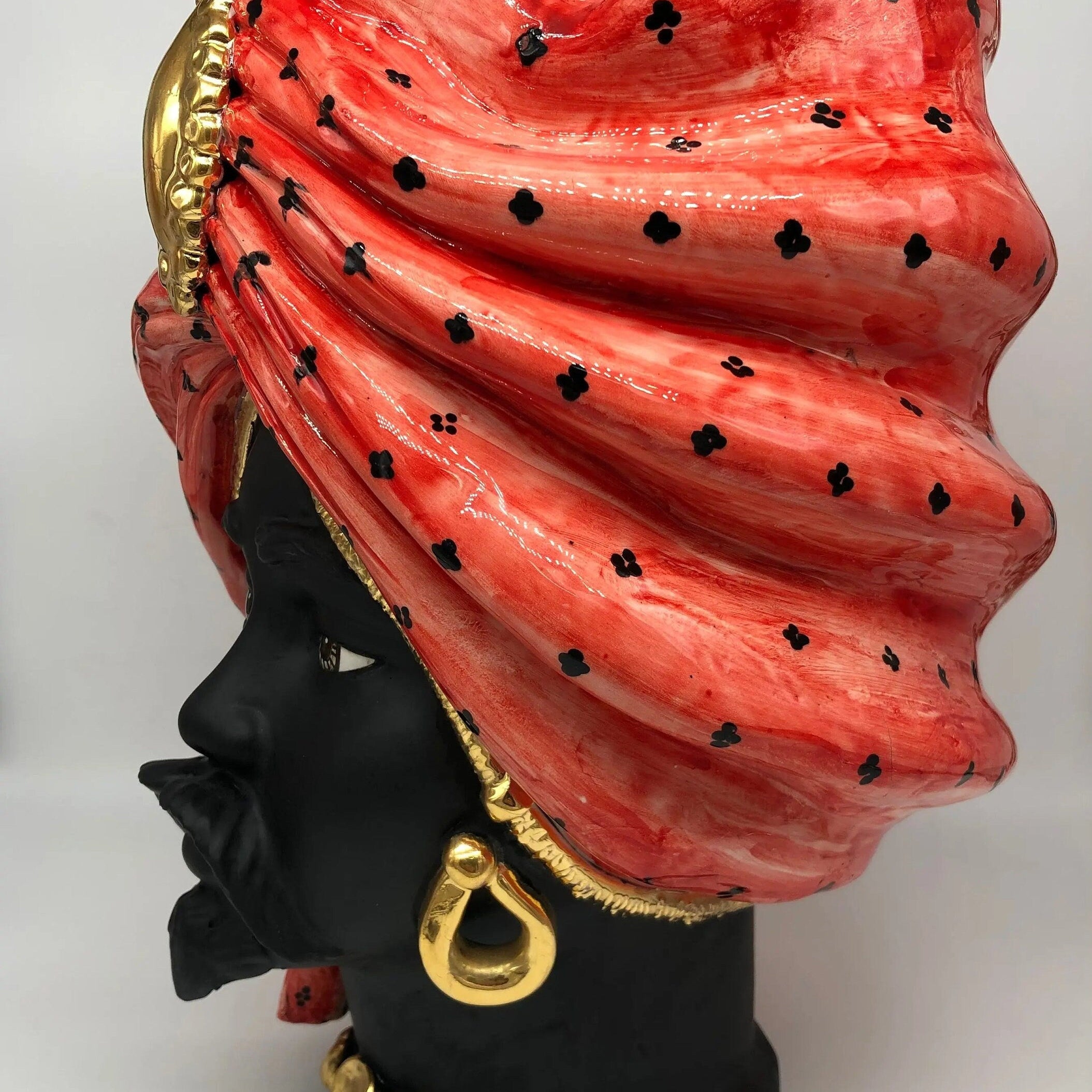 Teste di Moro Atena Ceramica Caltagirone cm H.40 L.28 Artigianale Rosso Pois Nero Oro DD CERAMICHE SICILIANE