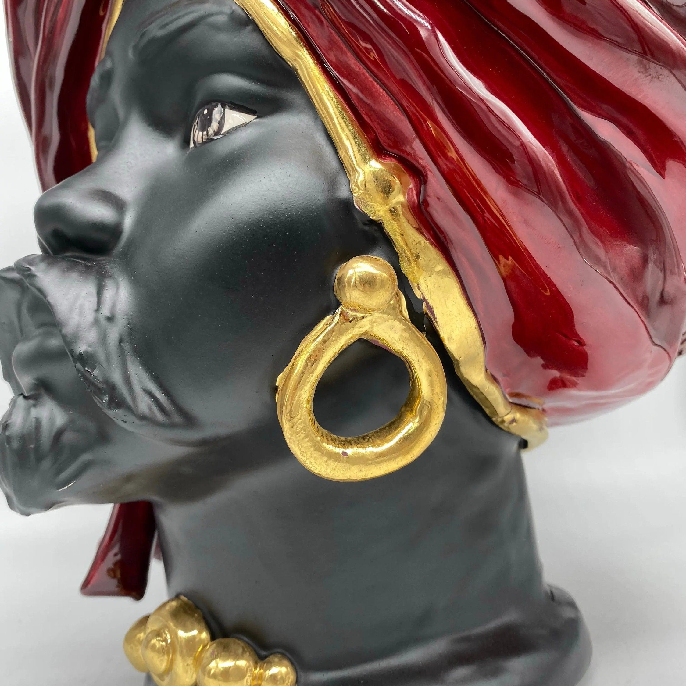 Teste di Moro Atena Ceramica Caltagirone cm H.40 L.28 Artigianale Bordeaux Nero Oro DD CERAMICHE SICILIANE