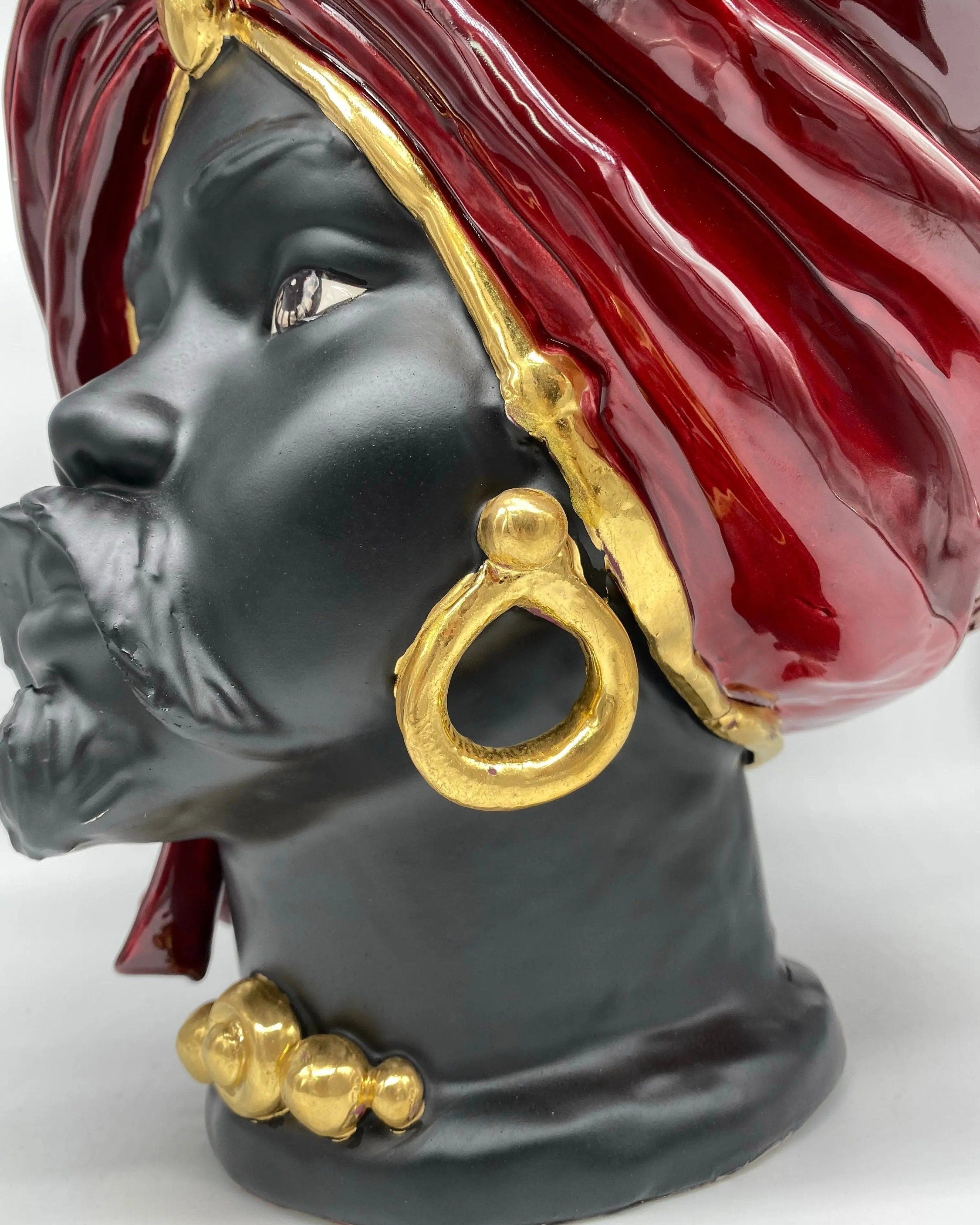 Teste di Moro Atena Ceramica Caltagirone cm H.40 L.28 Artigianale Bordeaux Nero Oro DD CERAMICHE SICILIANE