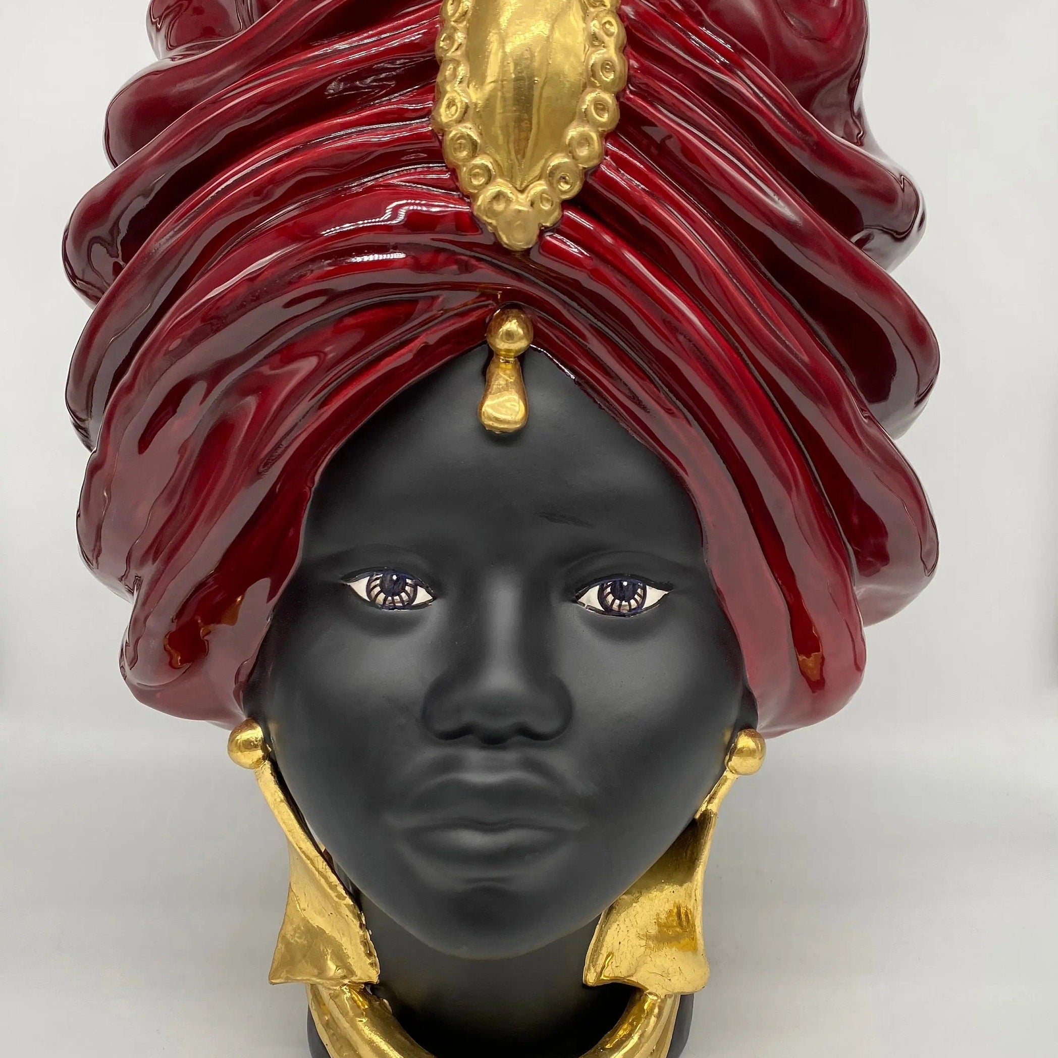 Teste di Moro Atena Ceramica Caltagirone cm H.40 L.28 Artigianale Bordeaux Nero Oro DD CERAMICHE SICILIANE