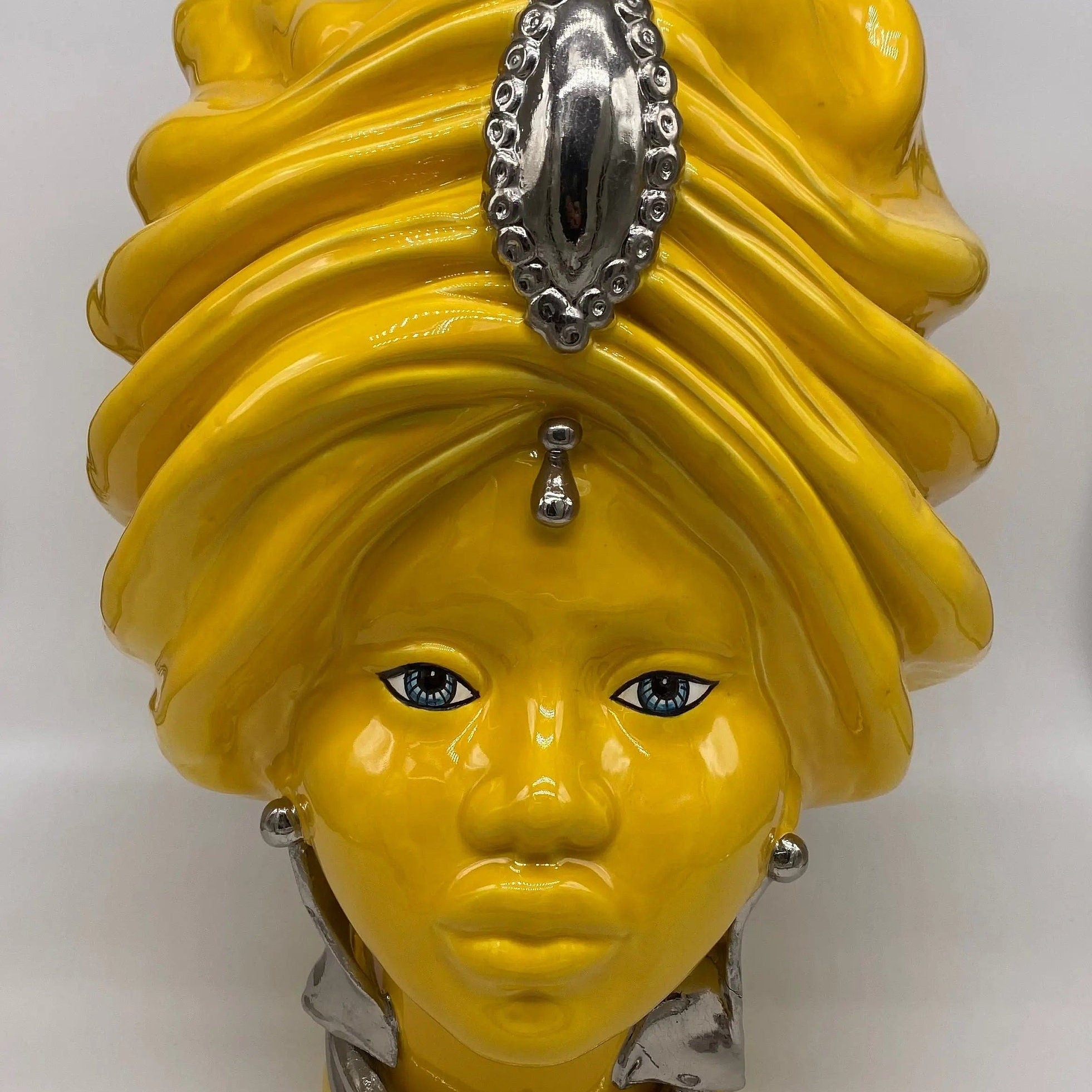Teste di Moro Atena Ceramica Caltagirone cm H.40 L.28 Artigianale Giallo Platino DD CERAMICHE SICILIANE