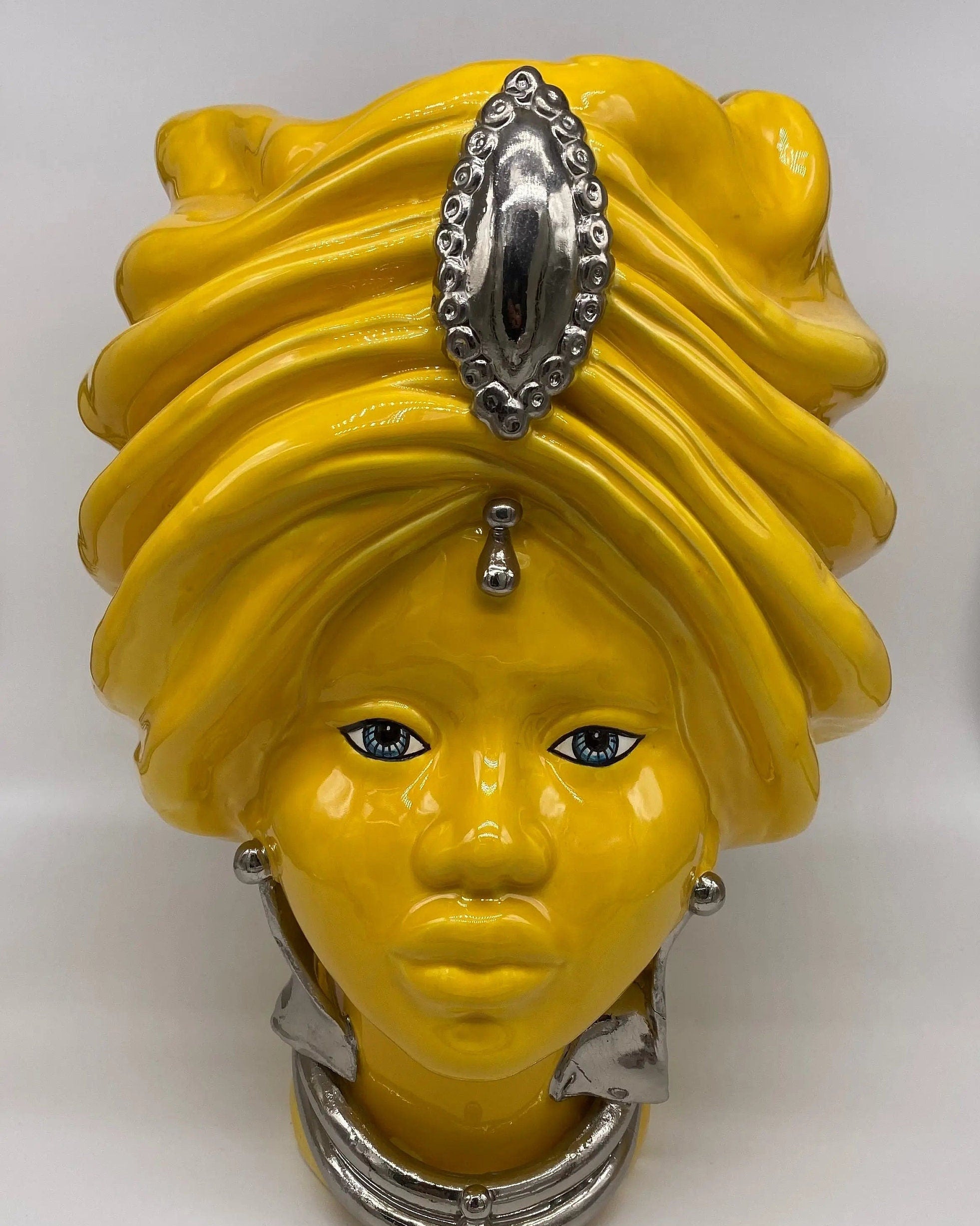 Teste di Moro Atena Ceramica Caltagirone cm H.40 L.28 Artigianale Giallo Platino DD CERAMICHE SICILIANE